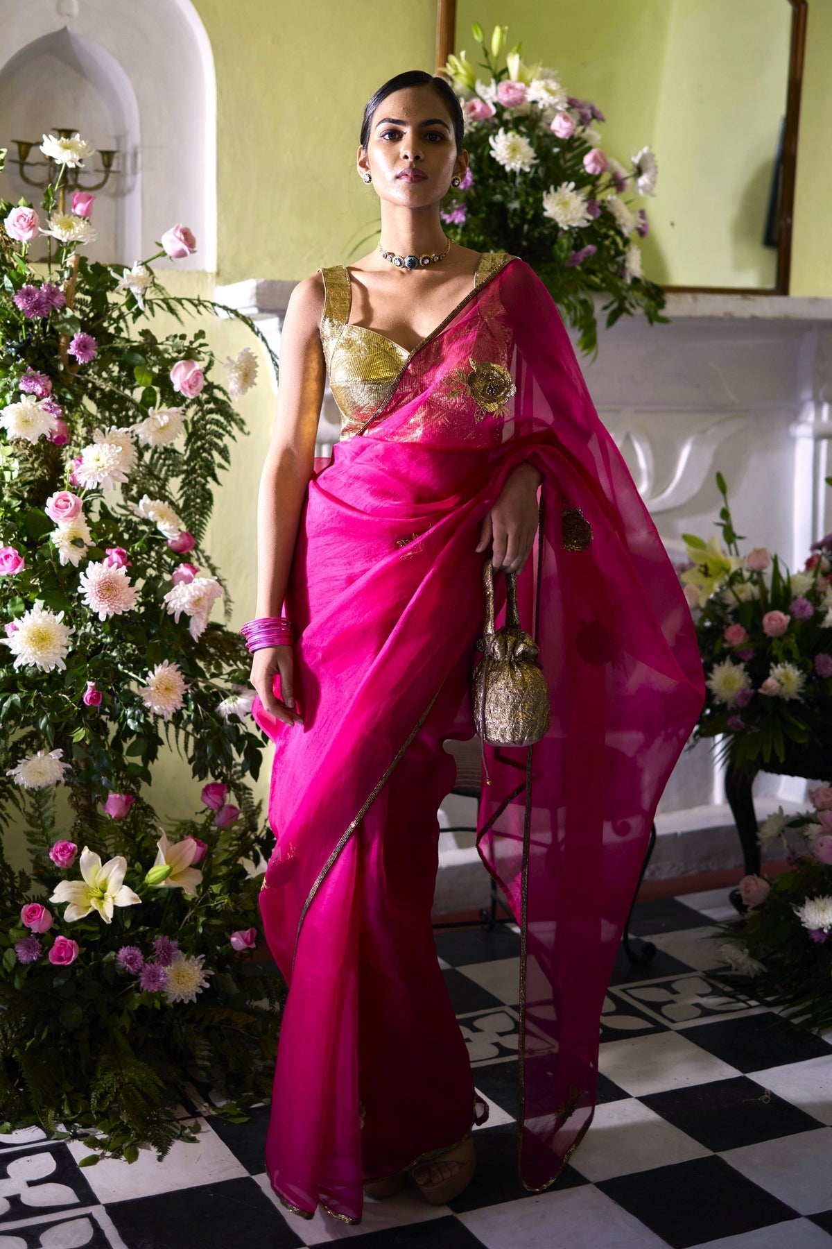Pink Gold Saree Set