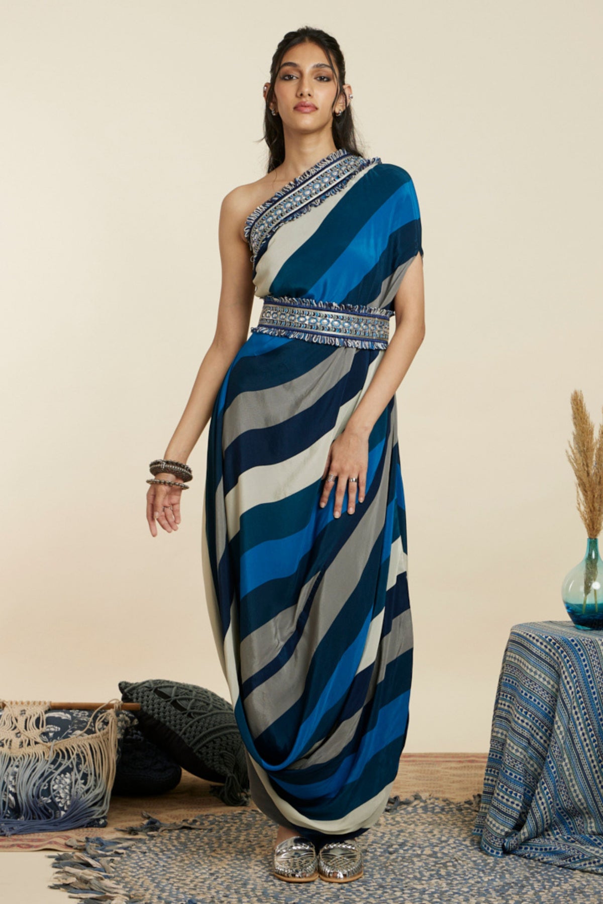 Blue Stripe Print Cowl Dress