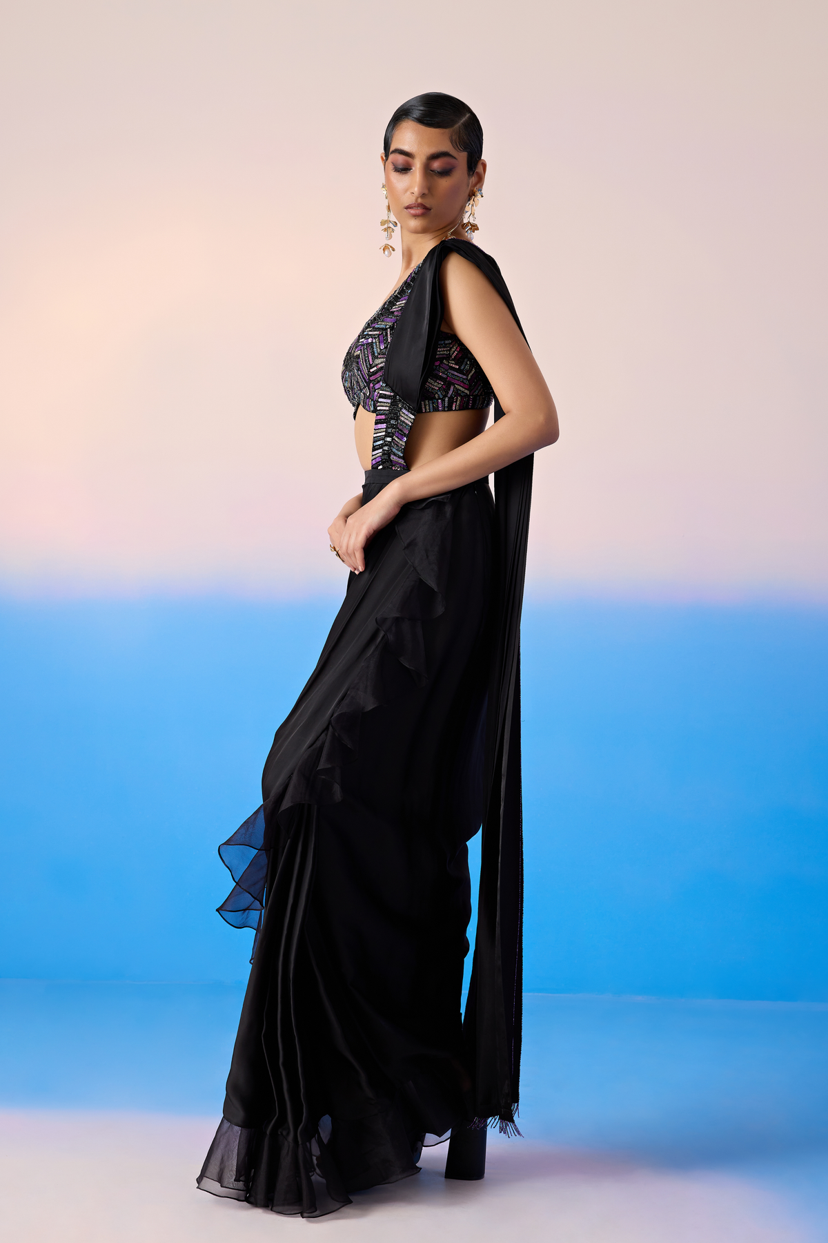 Black Draped Saree Set
