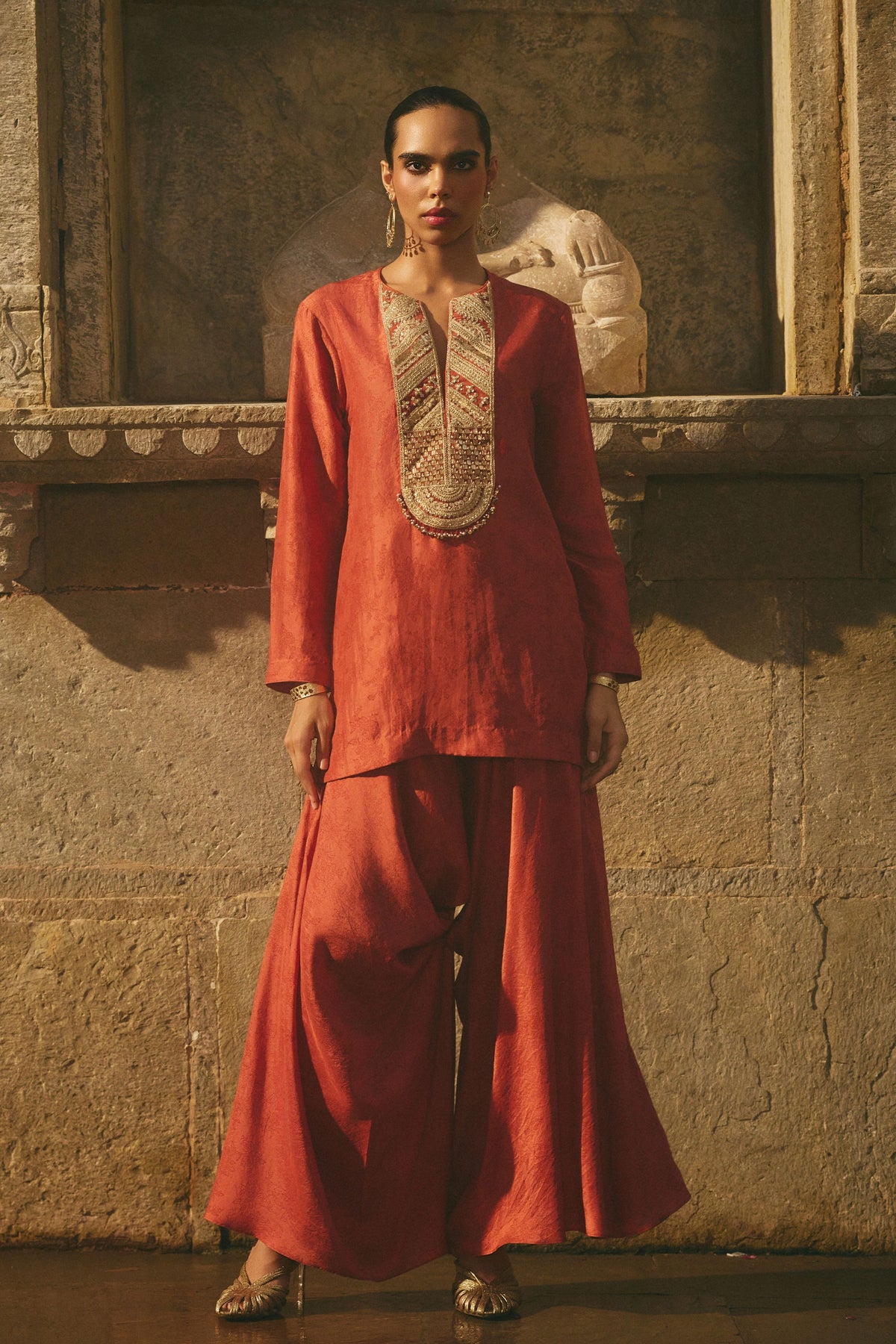 Red Printed Dhoti Set