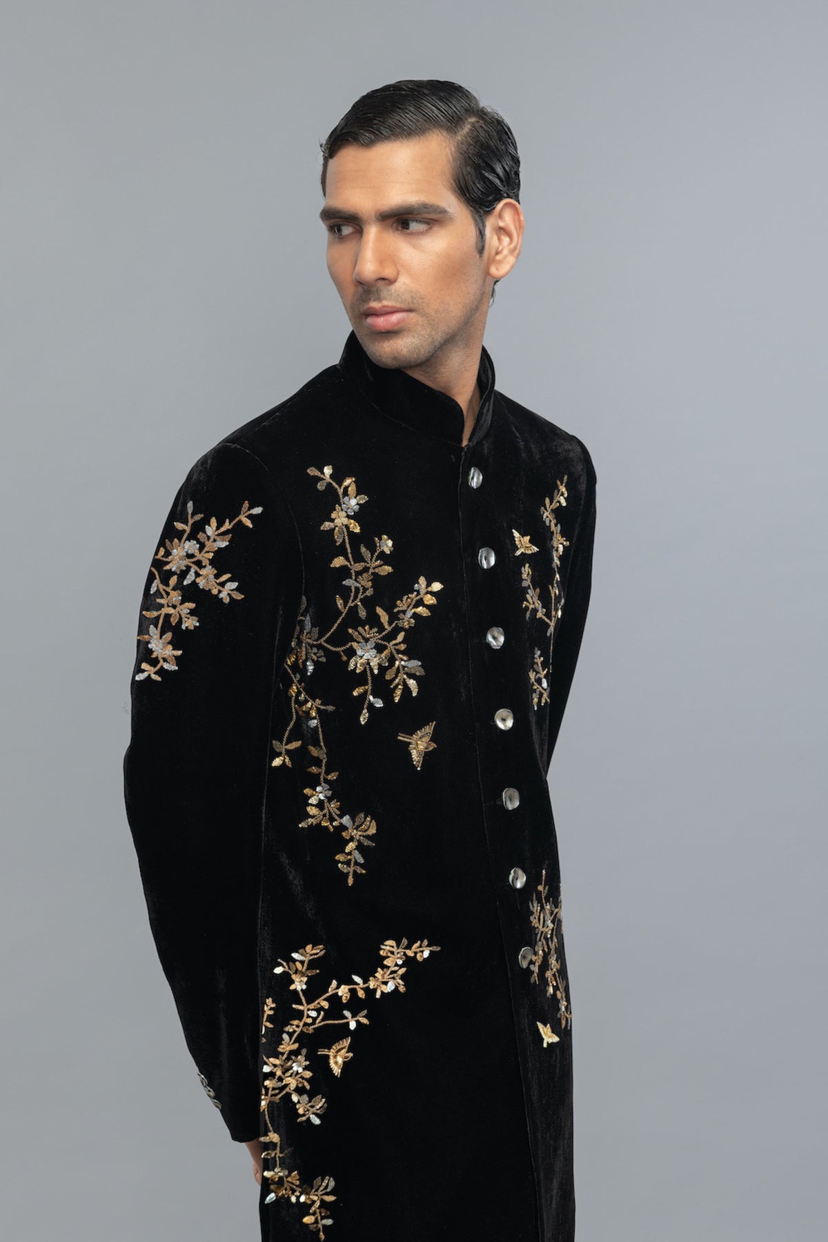 Velvet Sherwani In Black