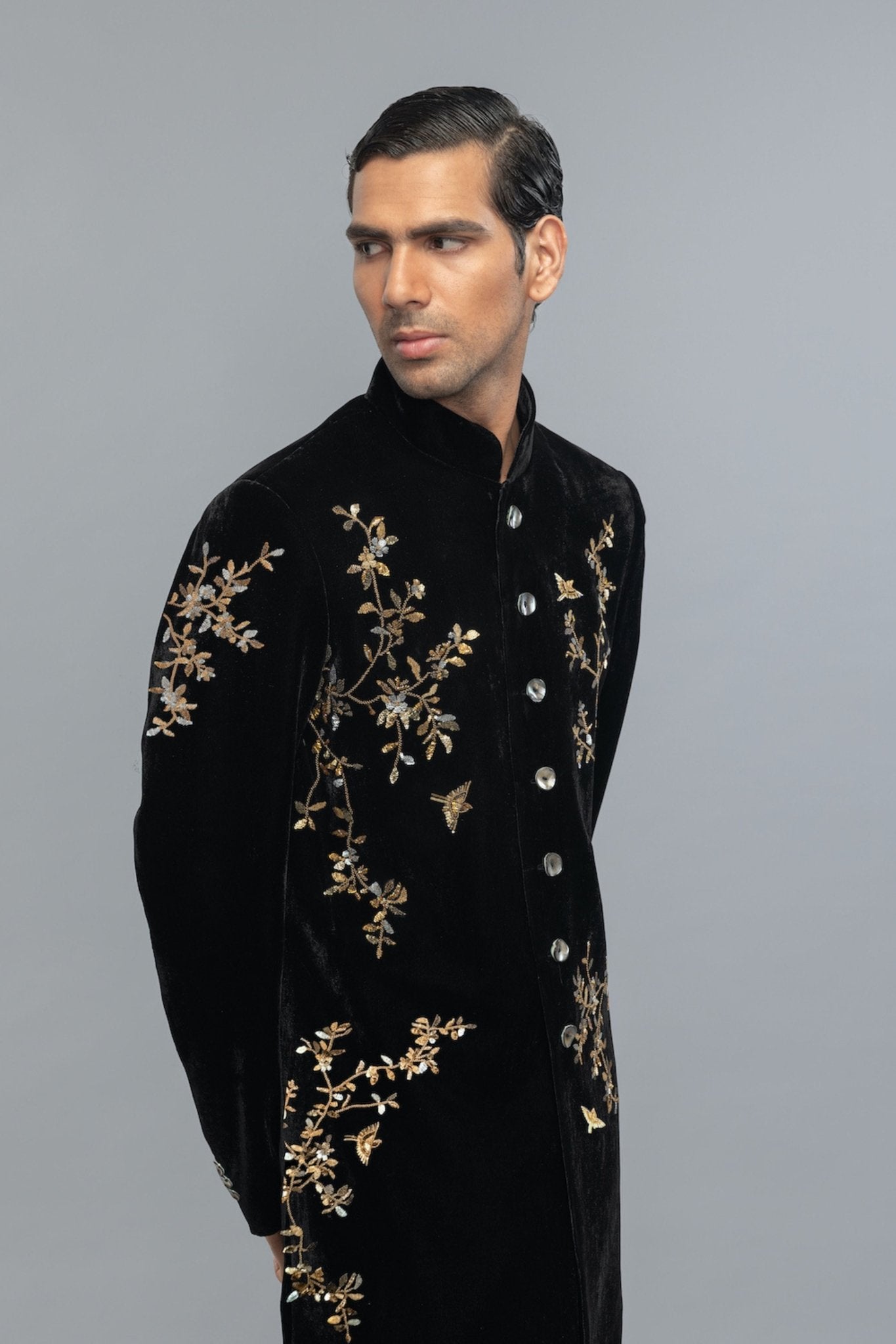Velvet Sherwani In Black - Rohit Bal Menswear - Elahe