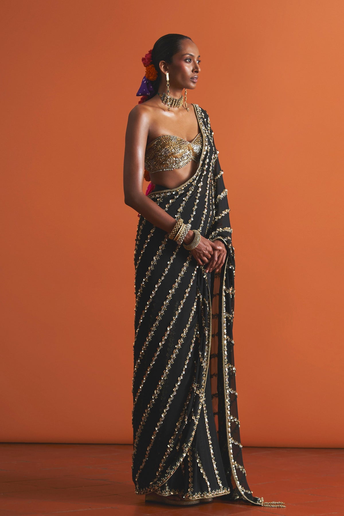 Black Sequin Saree Set