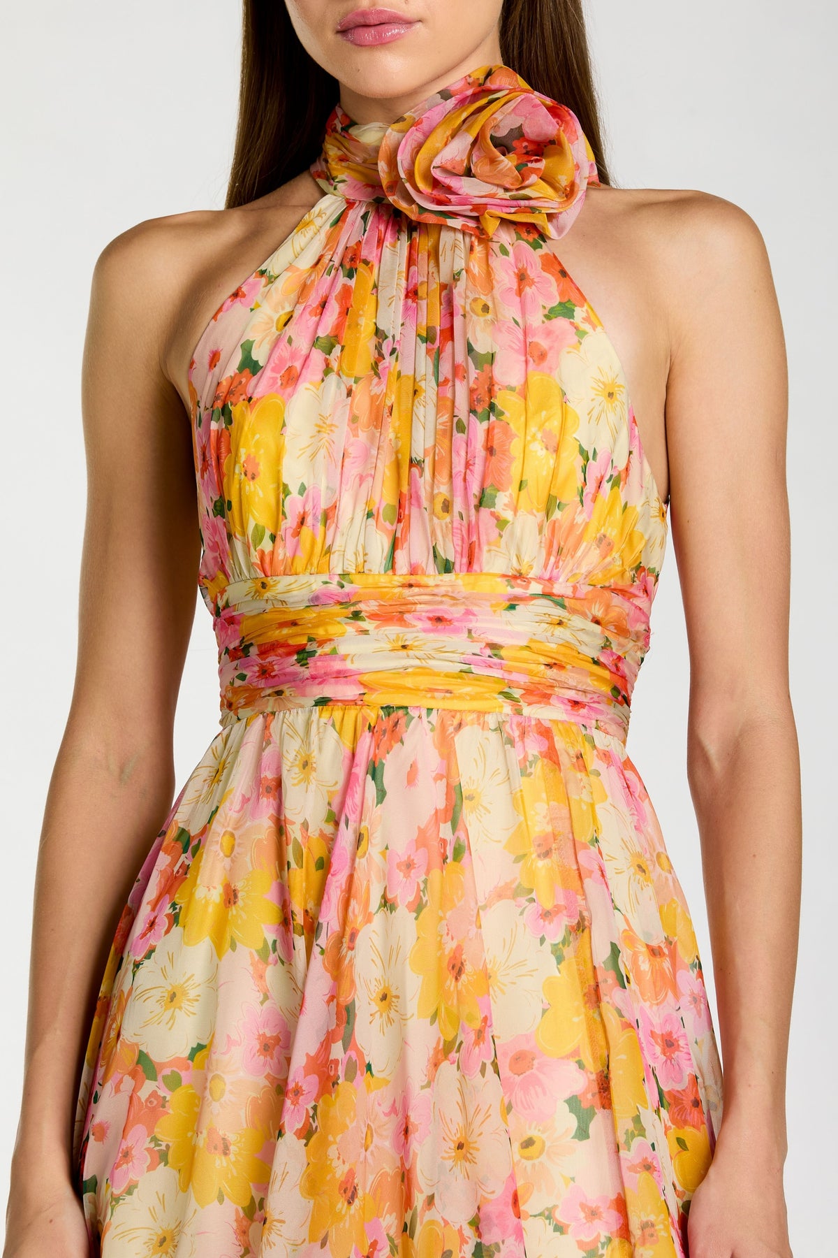 Floral Halter Neck Dress With 3d Flower