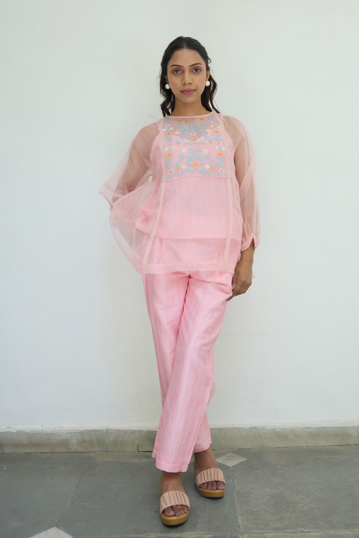 Embroidered Pink Silk Organza Top