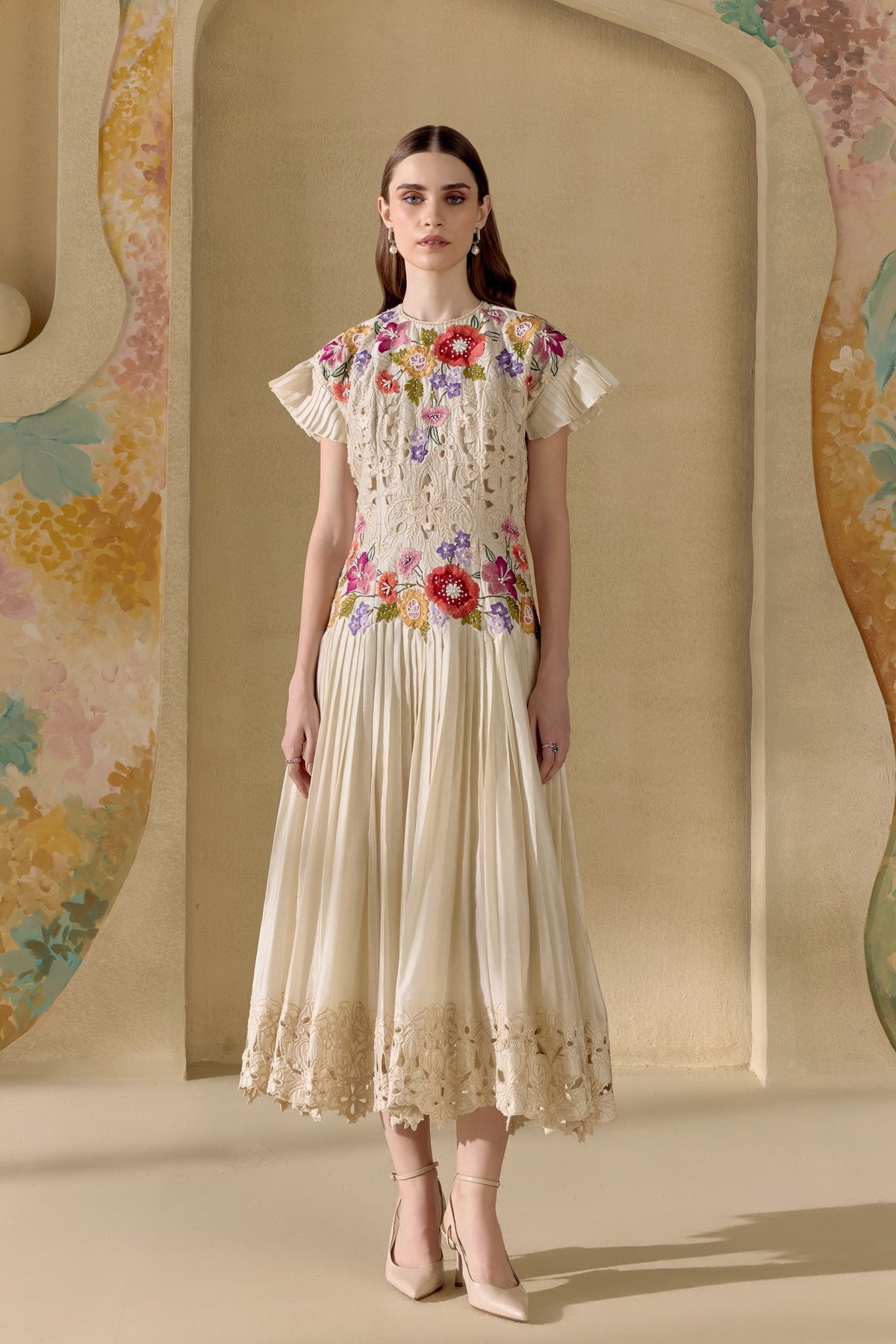 Ivory Fleur Pleated Dress