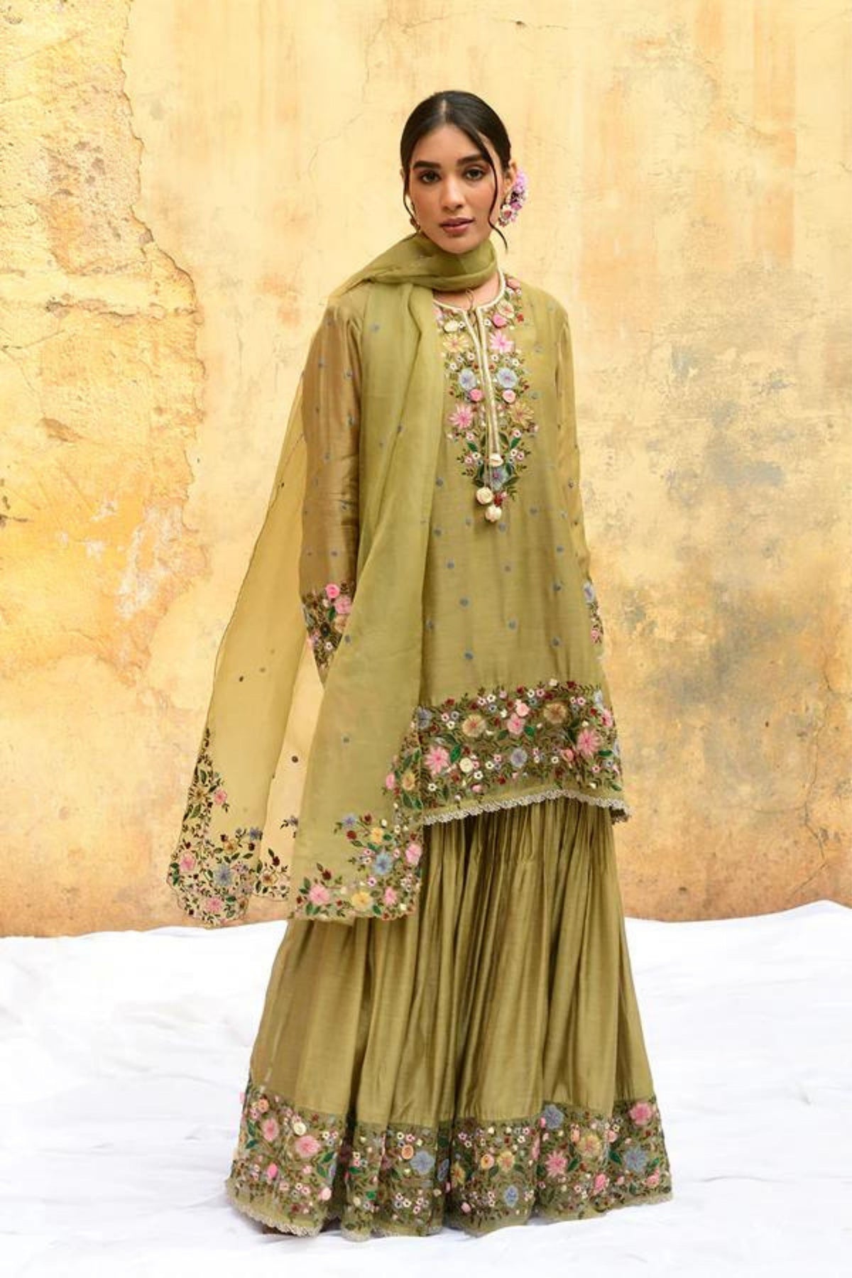 Olive Green Orchid Sharara Set