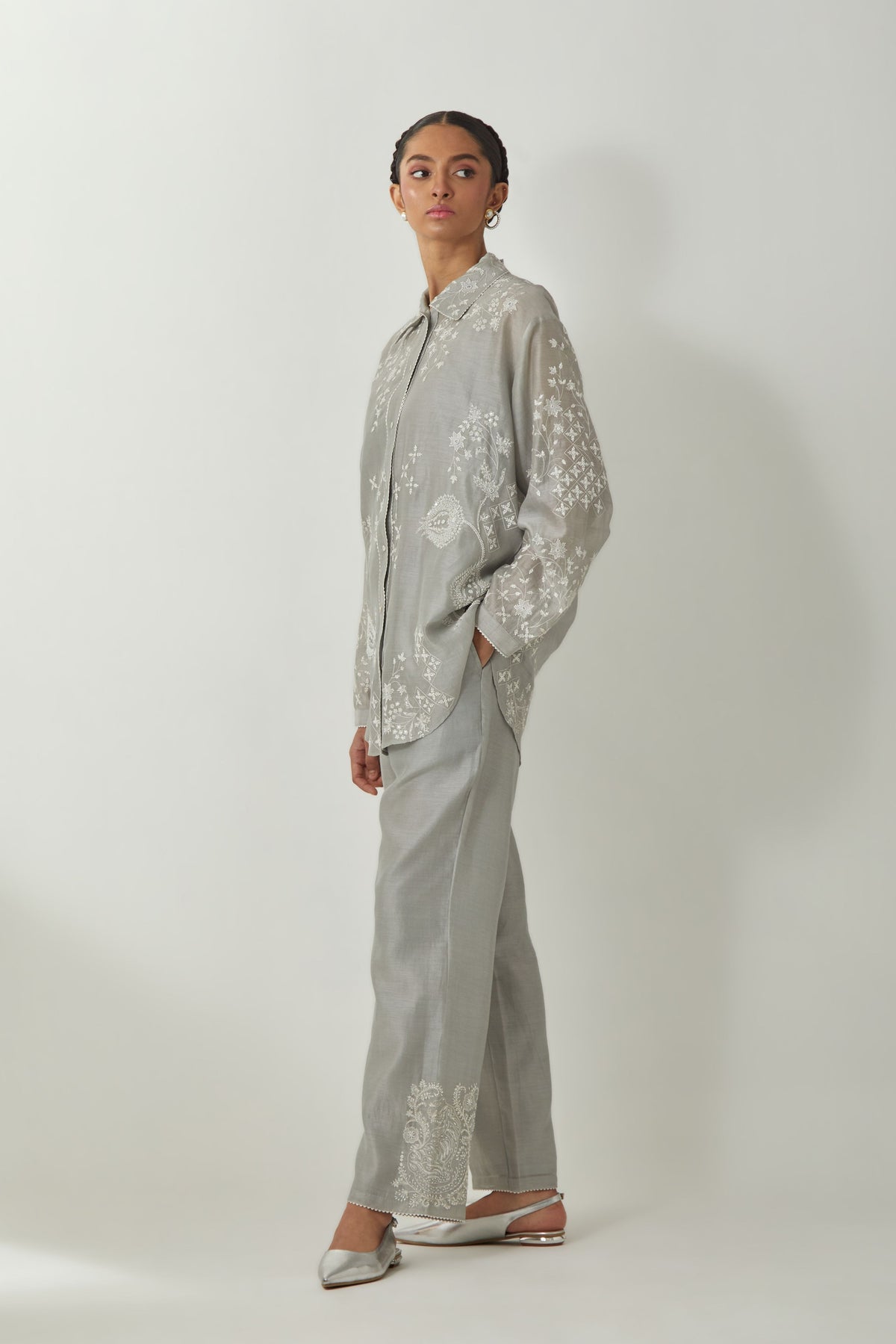 Grey Silk Chanderi Shirt Set