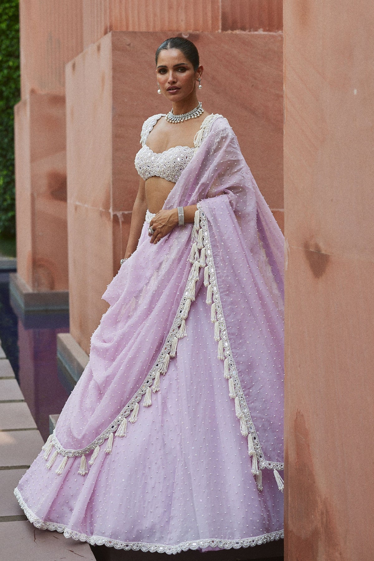 Lavender Mirror and Pearl Lehenga Set
