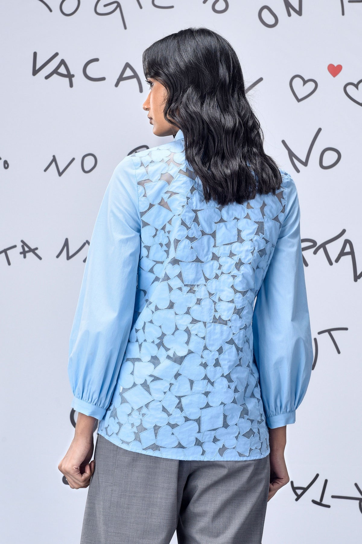 Women Cutout Embroidery Shirt Light Blue
