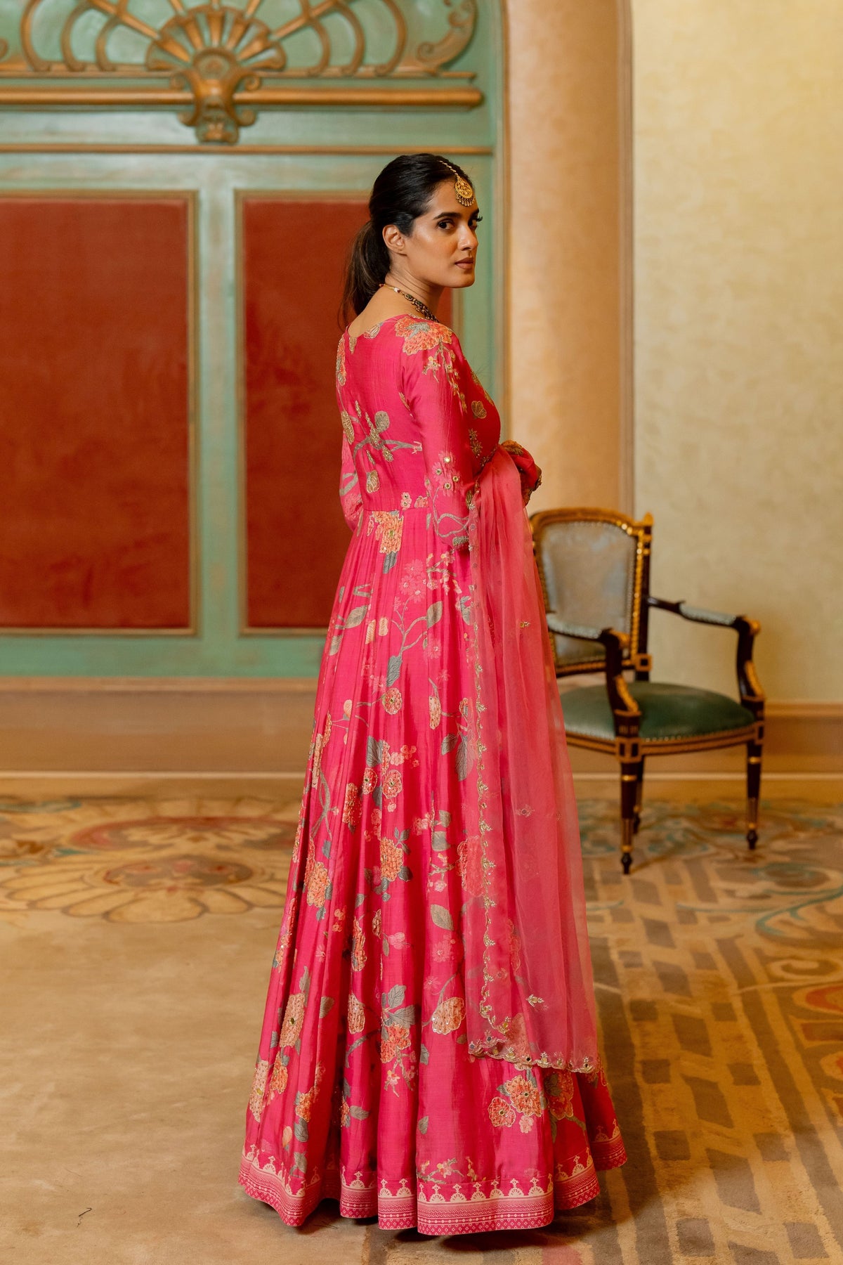 Blooming Pink Floral Printed Anarkali Set