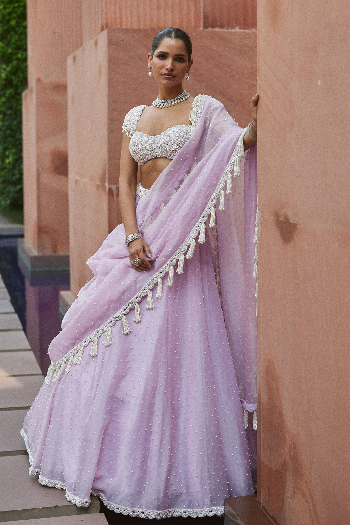 Lavender Mirror and Pearl Lehenga Set