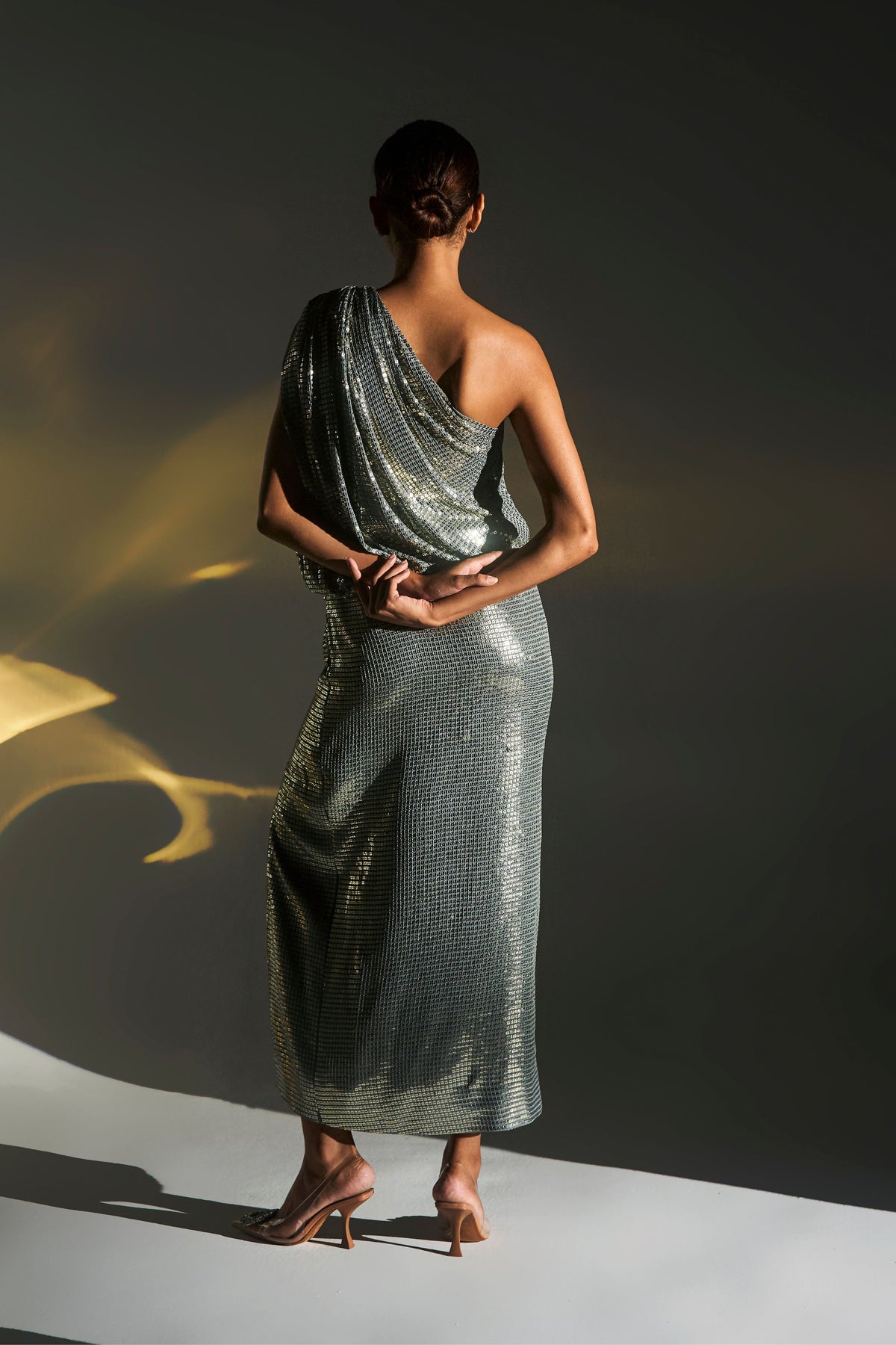 Silver One Shoulder Midi Dress