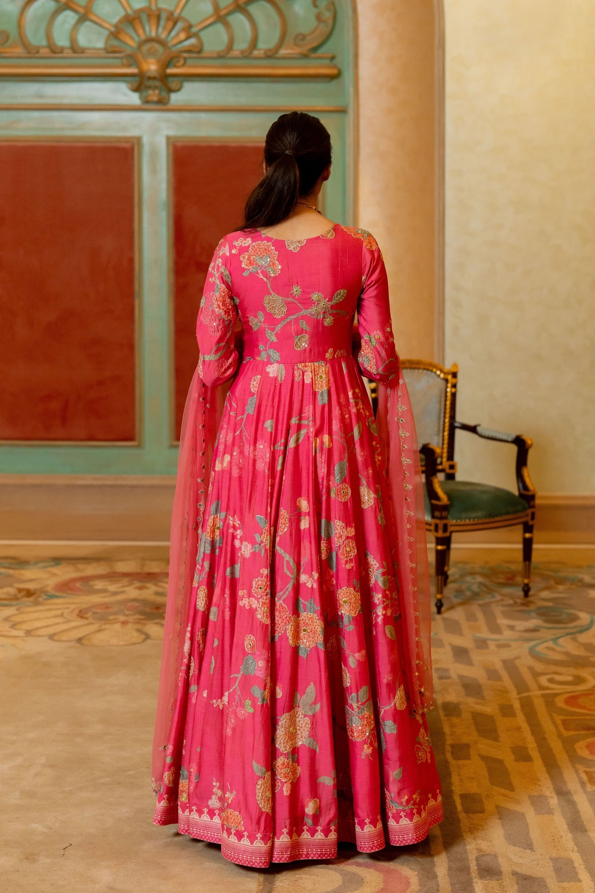 Blooming Pink Floral Printed Anarkali Set