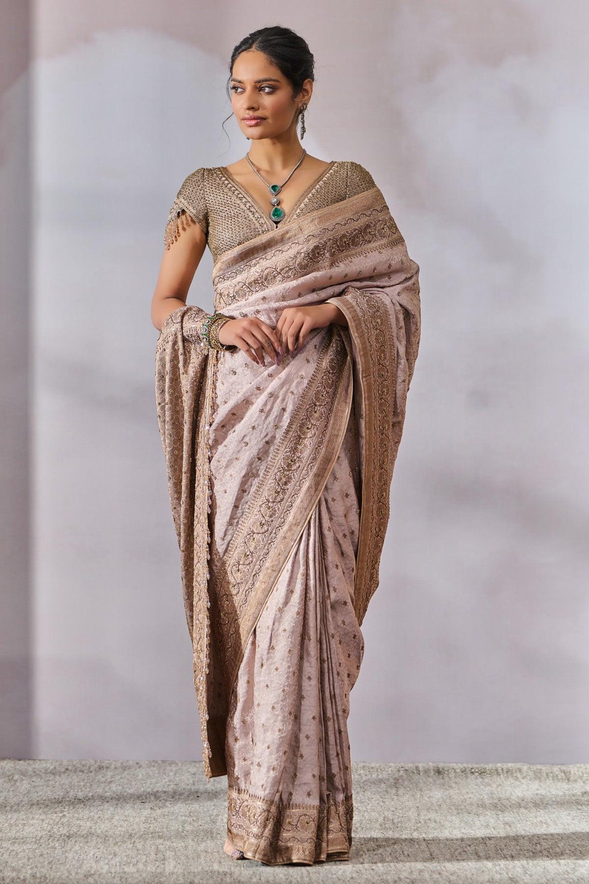 Embroidered Brocade Saree With Blouse