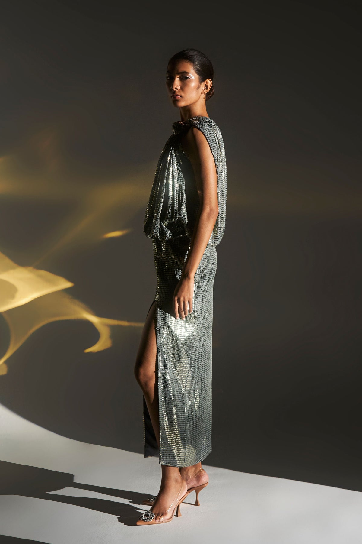 Silver One Shoulder Midi Dress