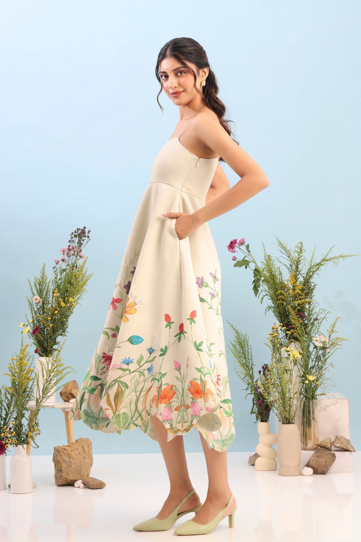 Beige Flared Printed Dress