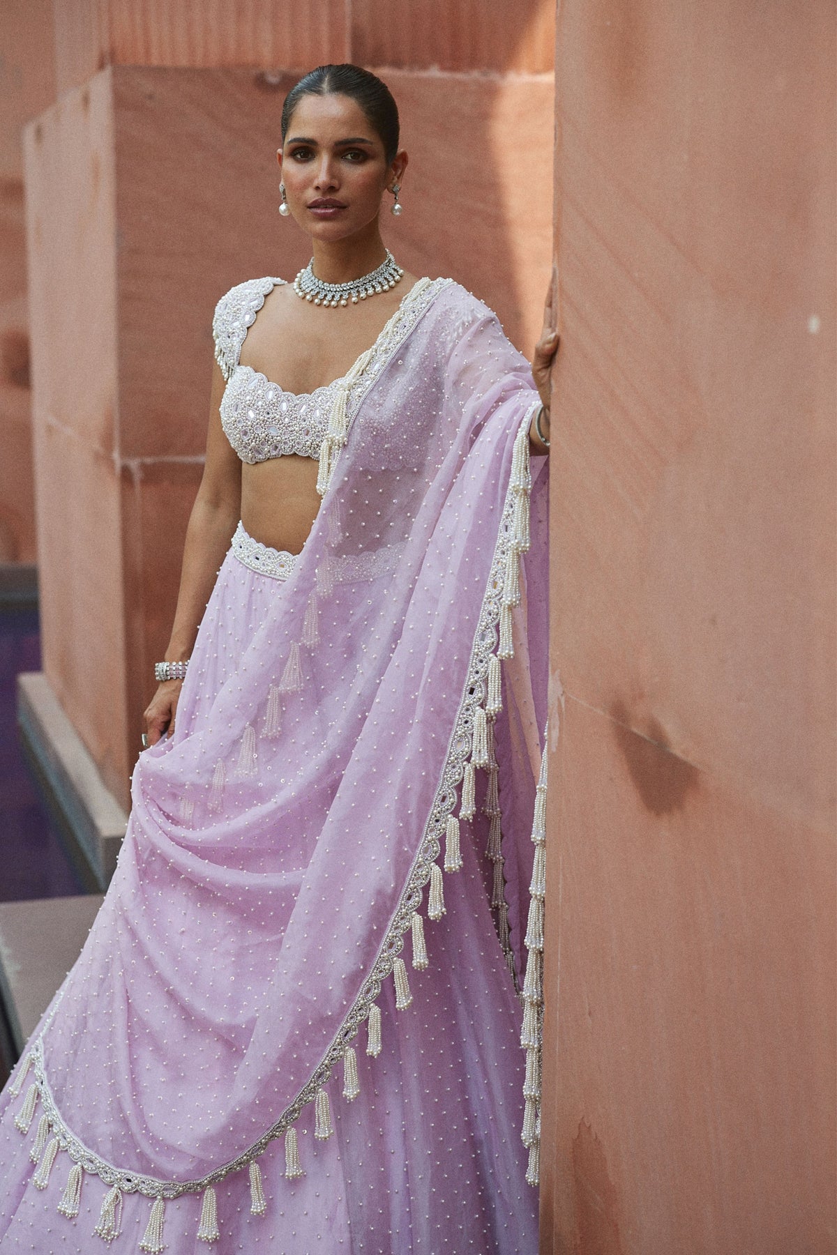 Lavender Mirror and Pearl Lehenga Set