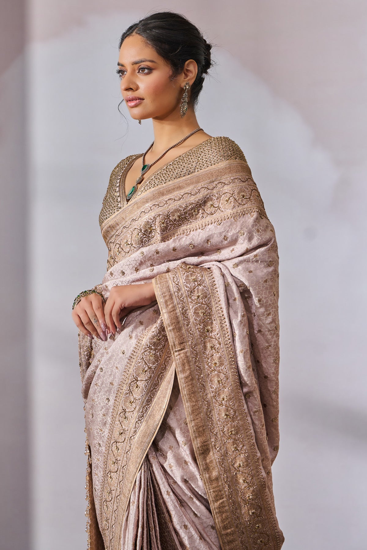 Embroidered Brocade Saree With Blouse