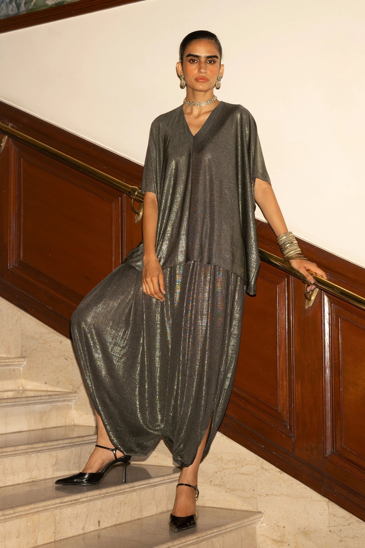 Textured Lame Drape Pants