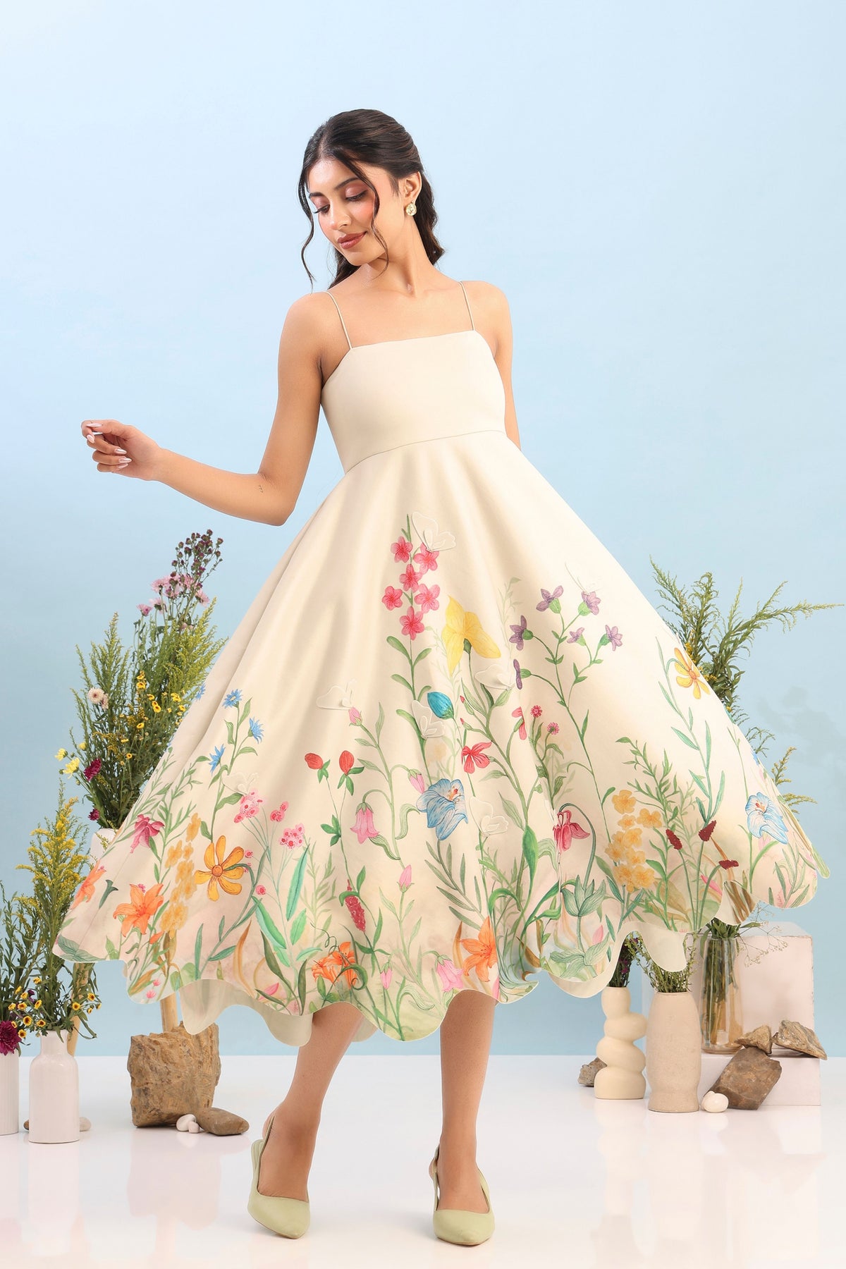 Beige Flared Printed Dress