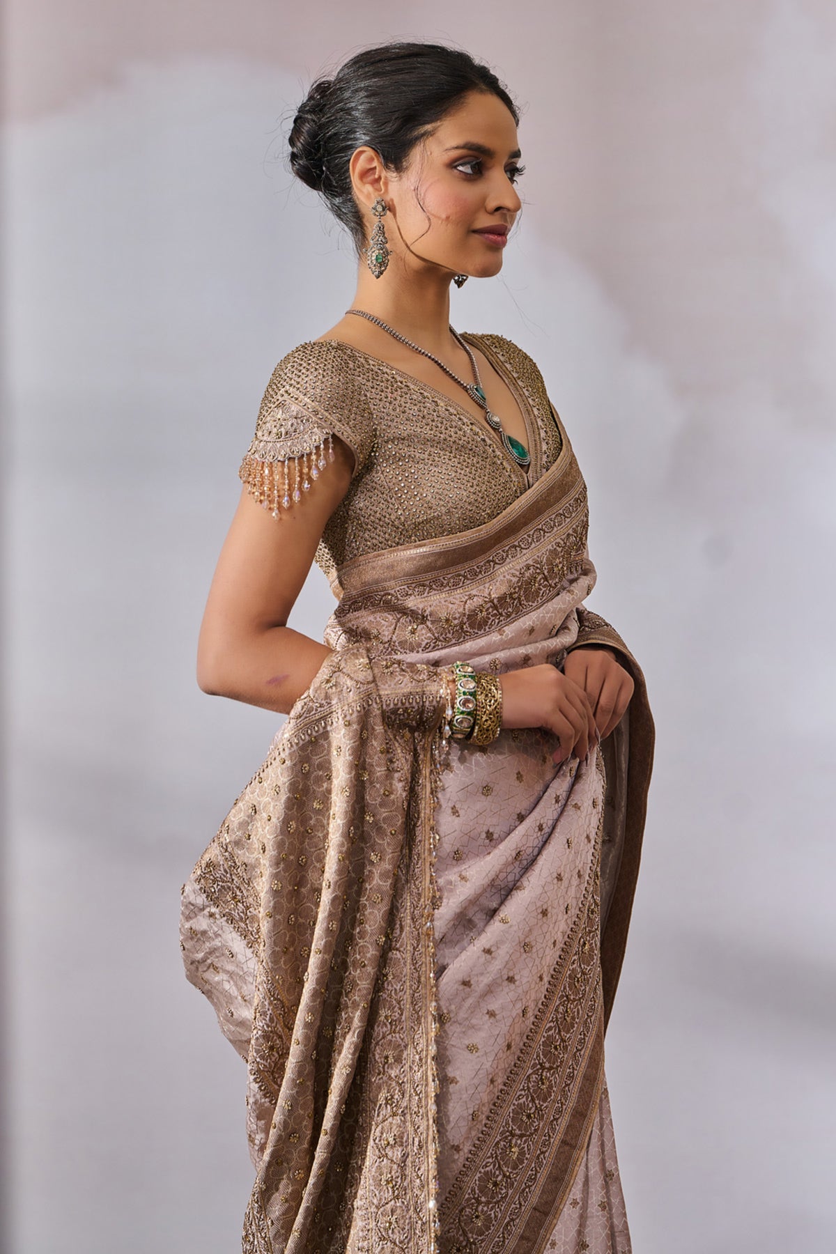 Embroidered Brocade Saree With Blouse