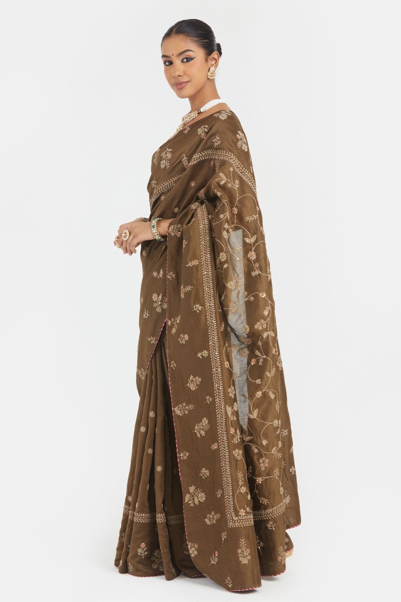 Olive Chanderi Saree Set - Kora - Elahe