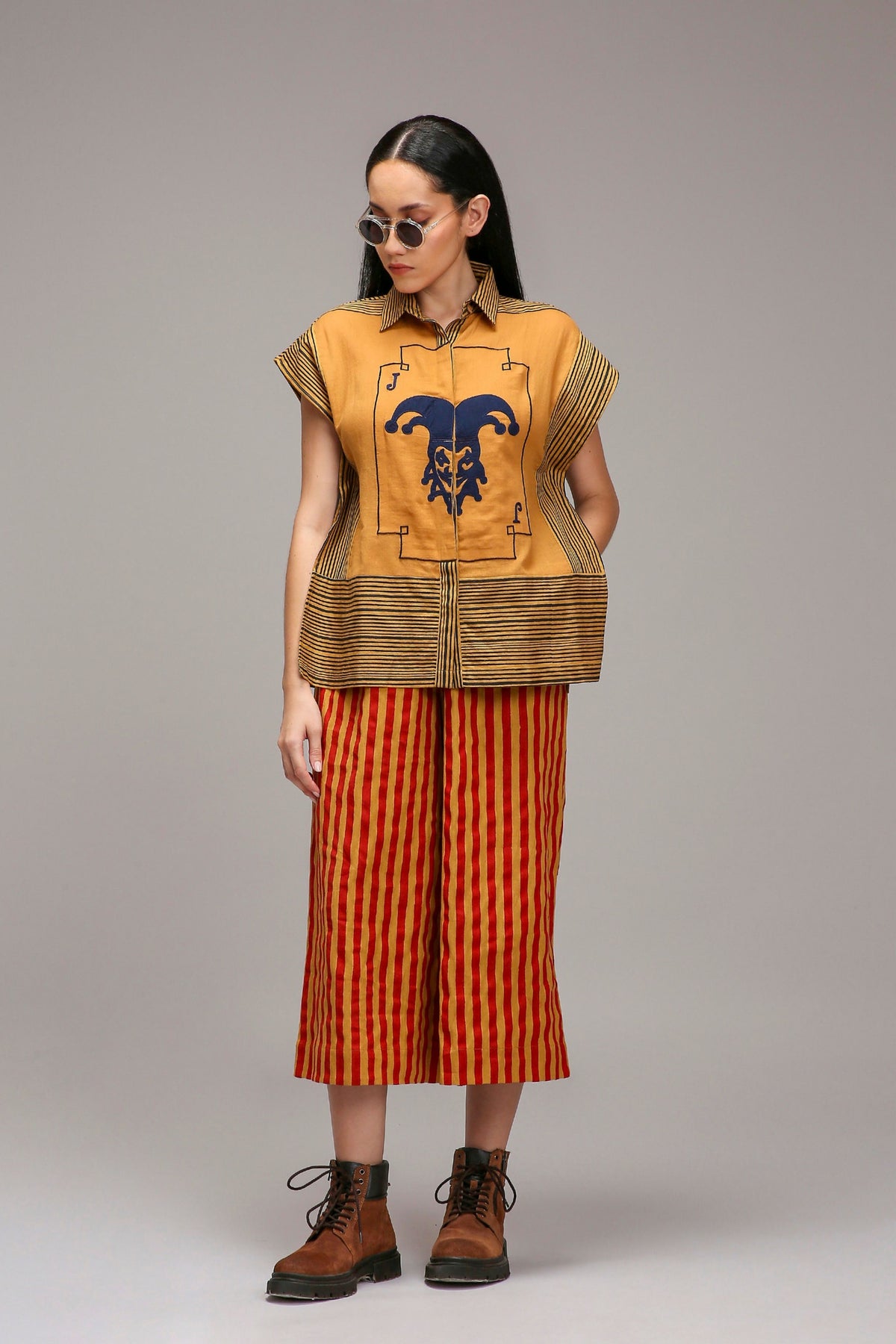 Tan-brown Joker Shirt Capre Set