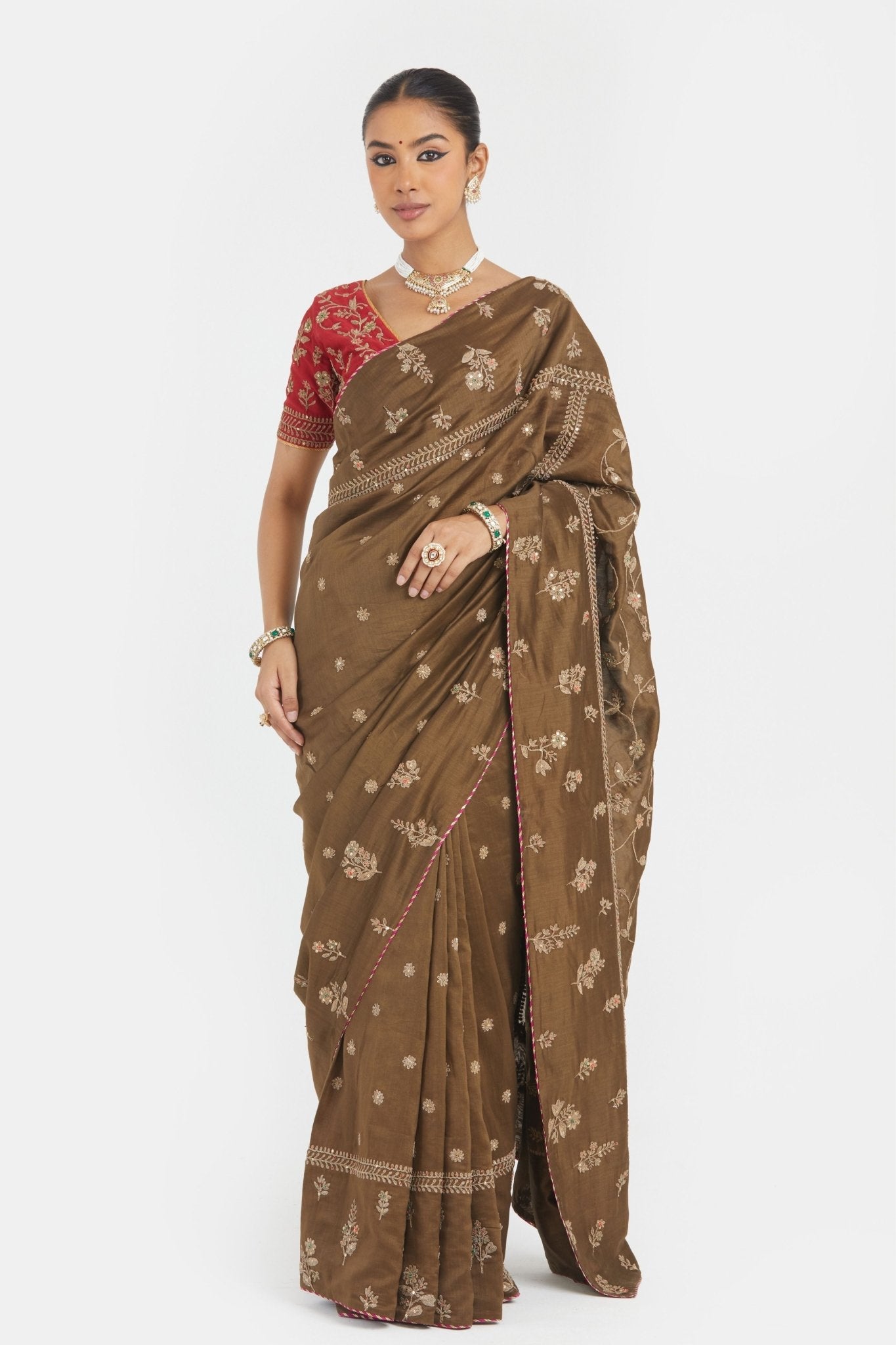 Olive Chanderi Saree Set - Kora - Elahe