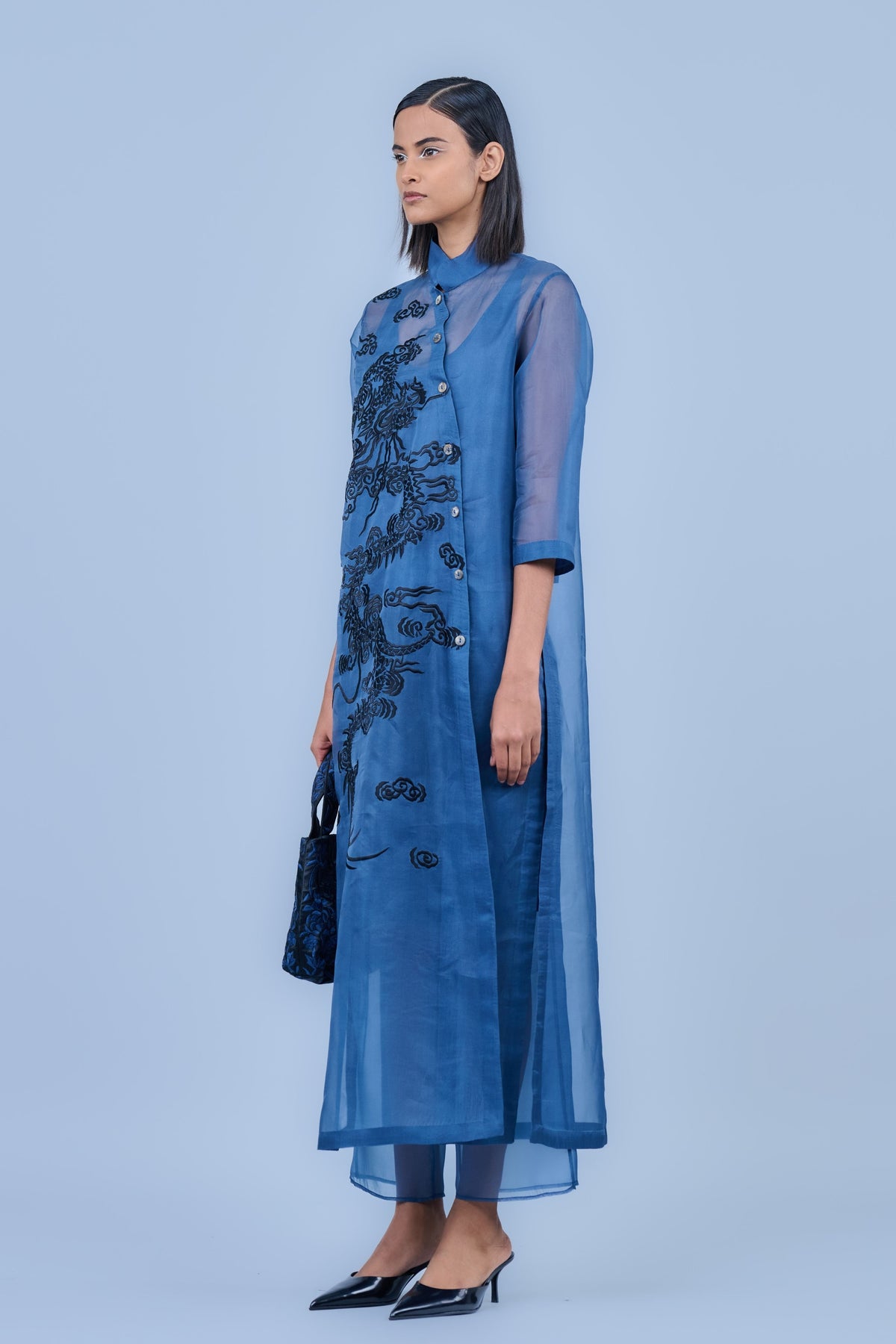 Blue Black Threadwork Kurta