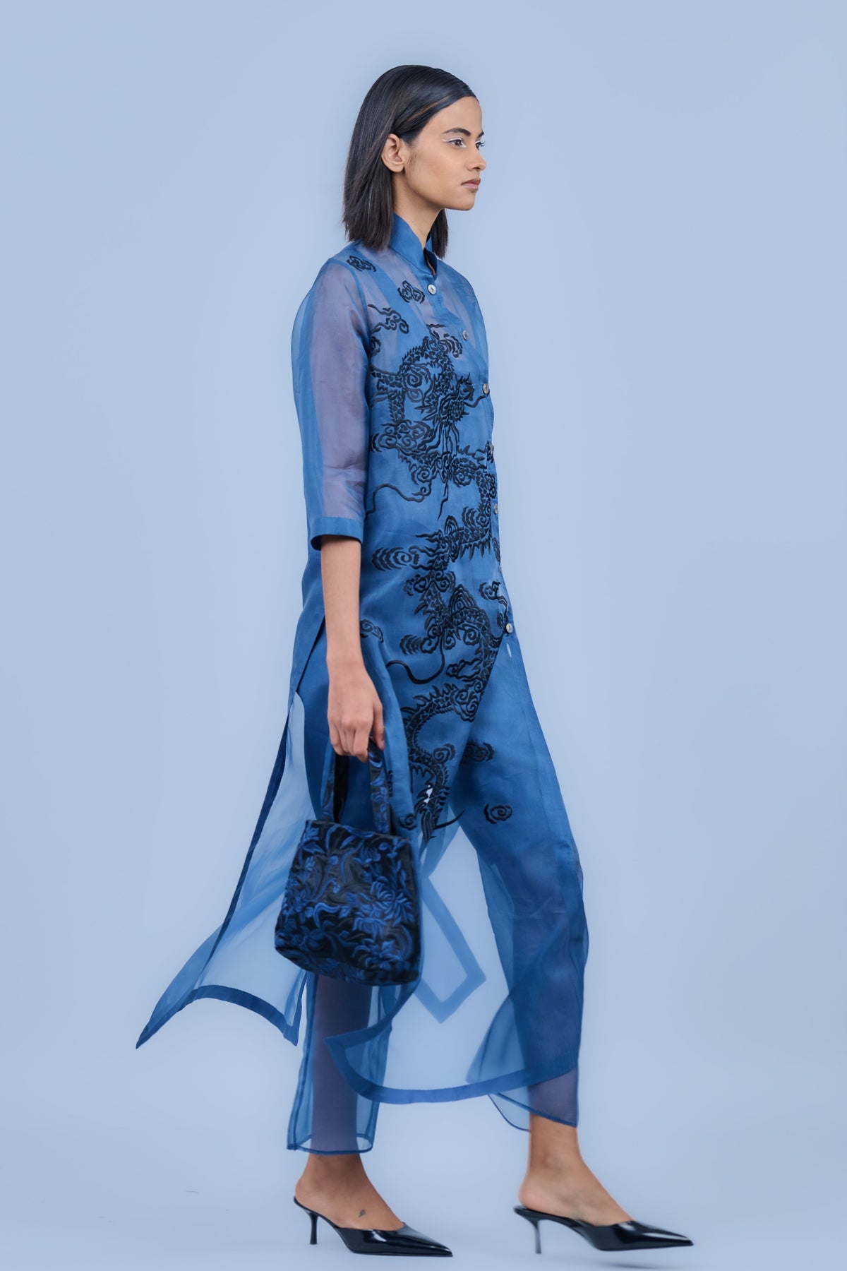 Blue Black Threadwork Kurta