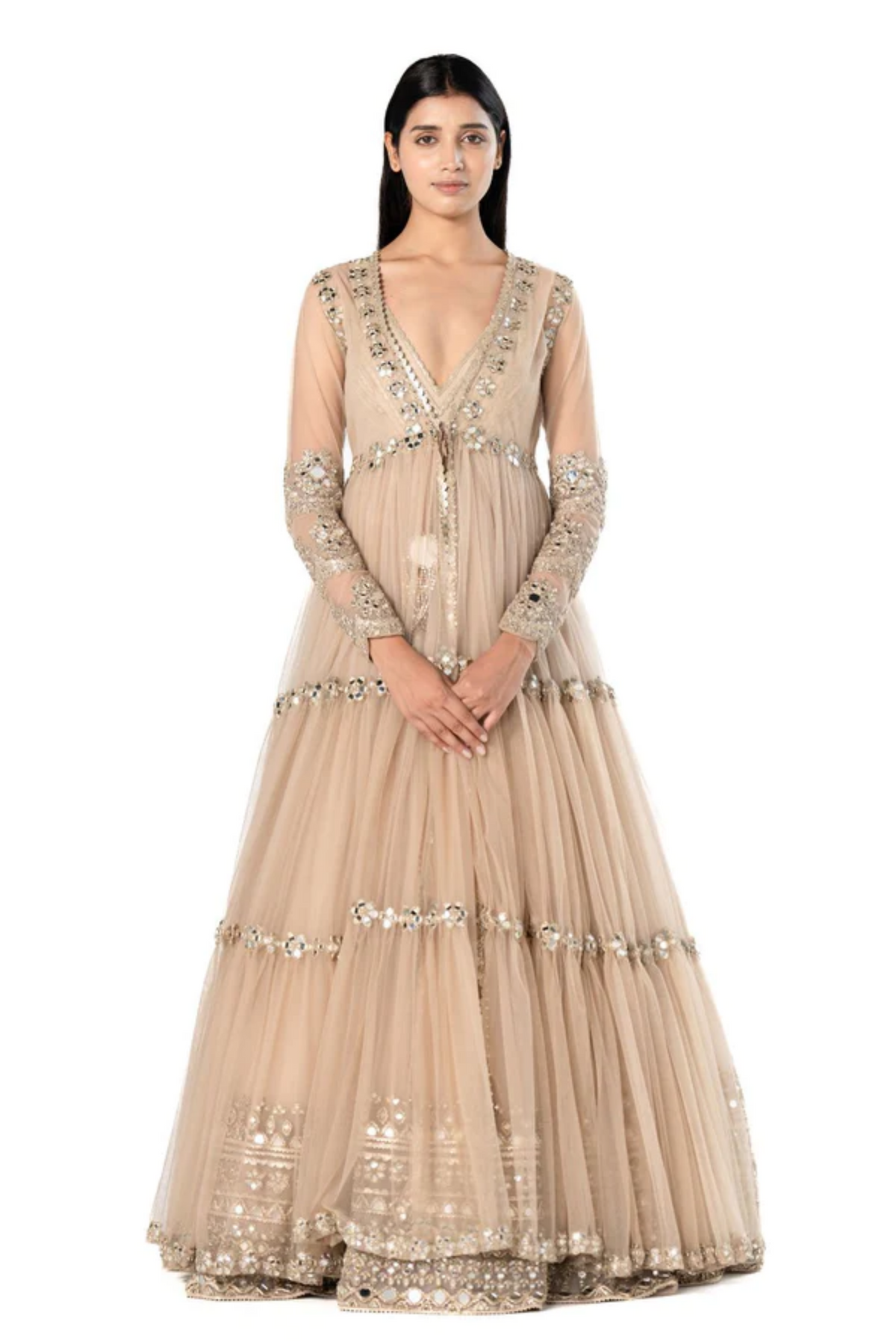 Beige Coloured Anarkali Paired With Jacket