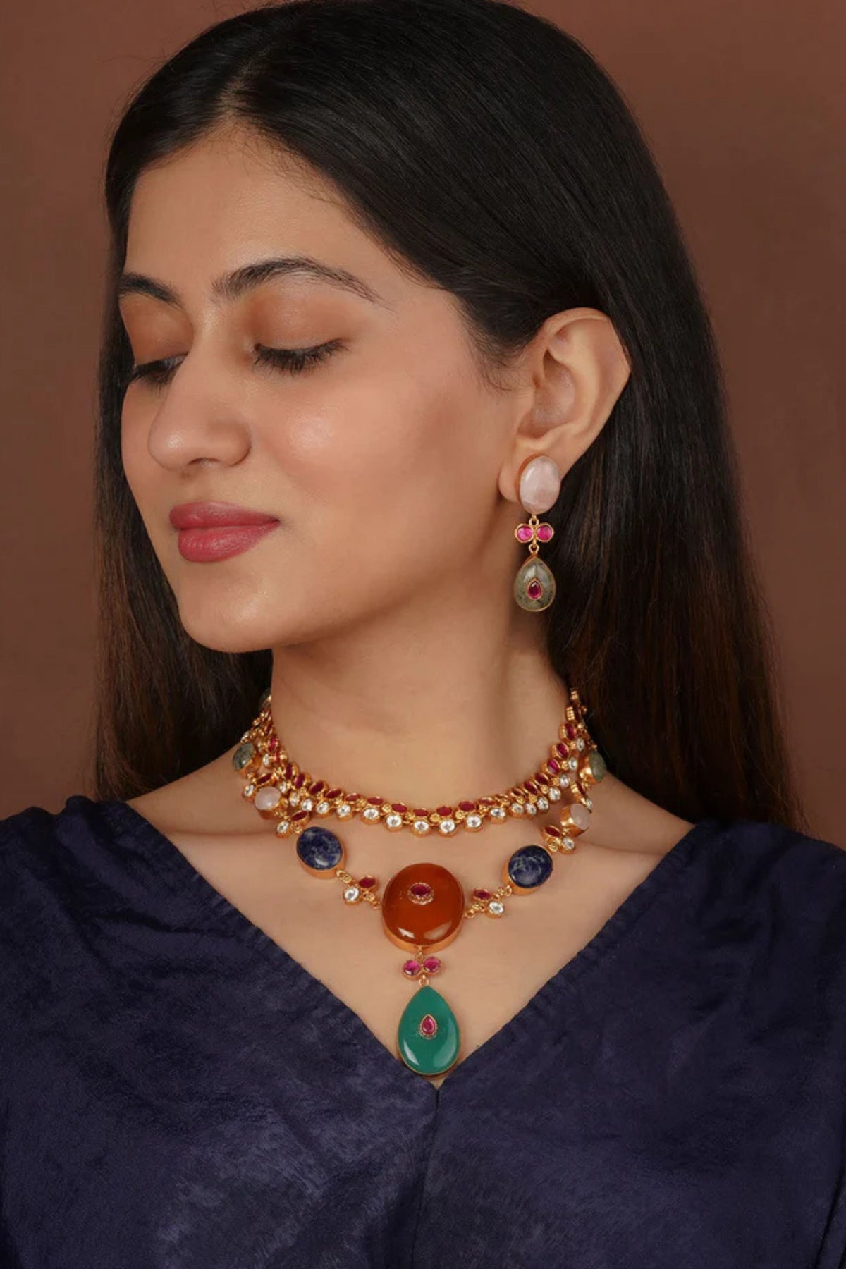 Gold Plated Contemporary Necklace With Earrings
