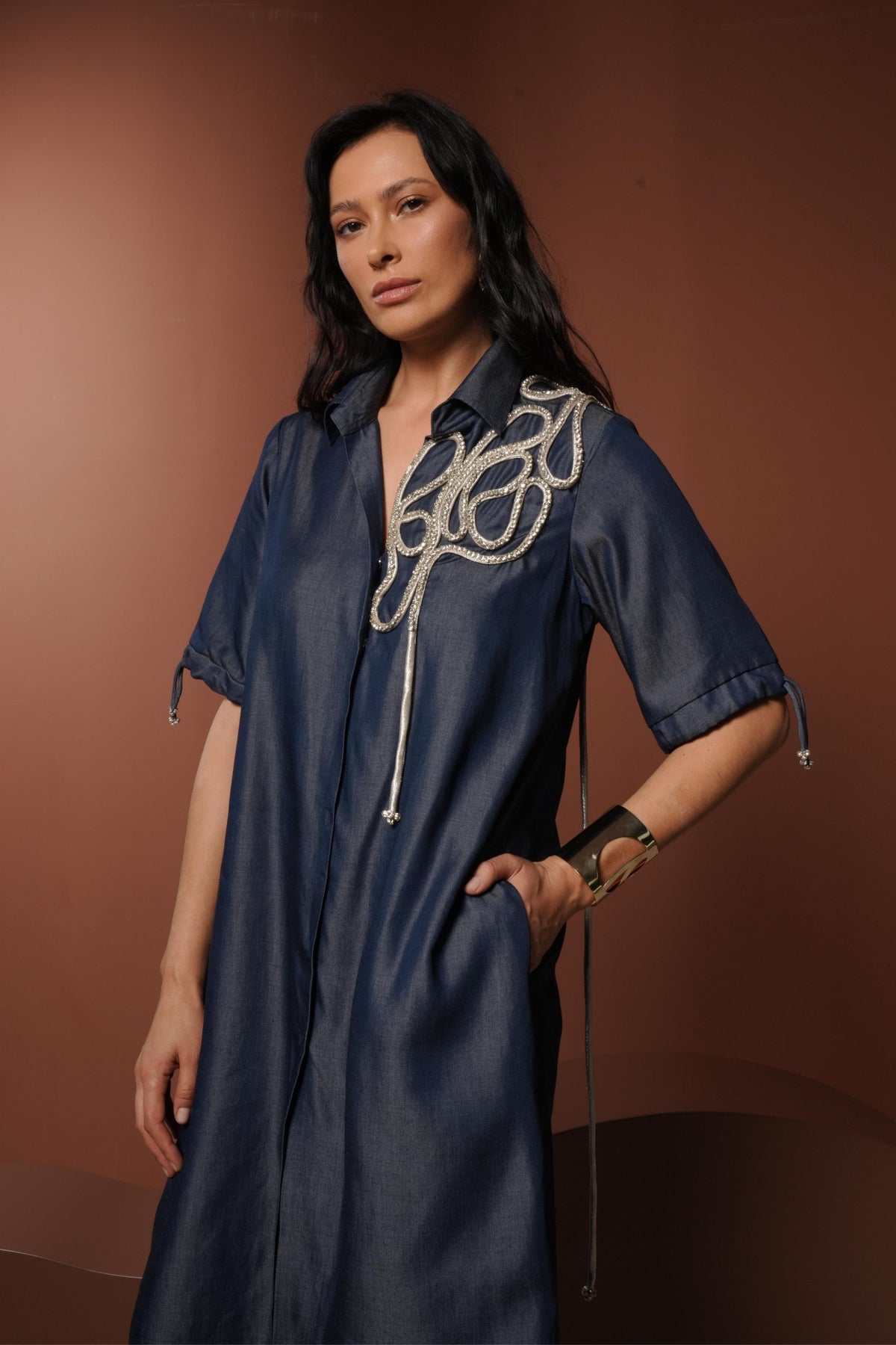 Shirt Dress With Golden Rope Work