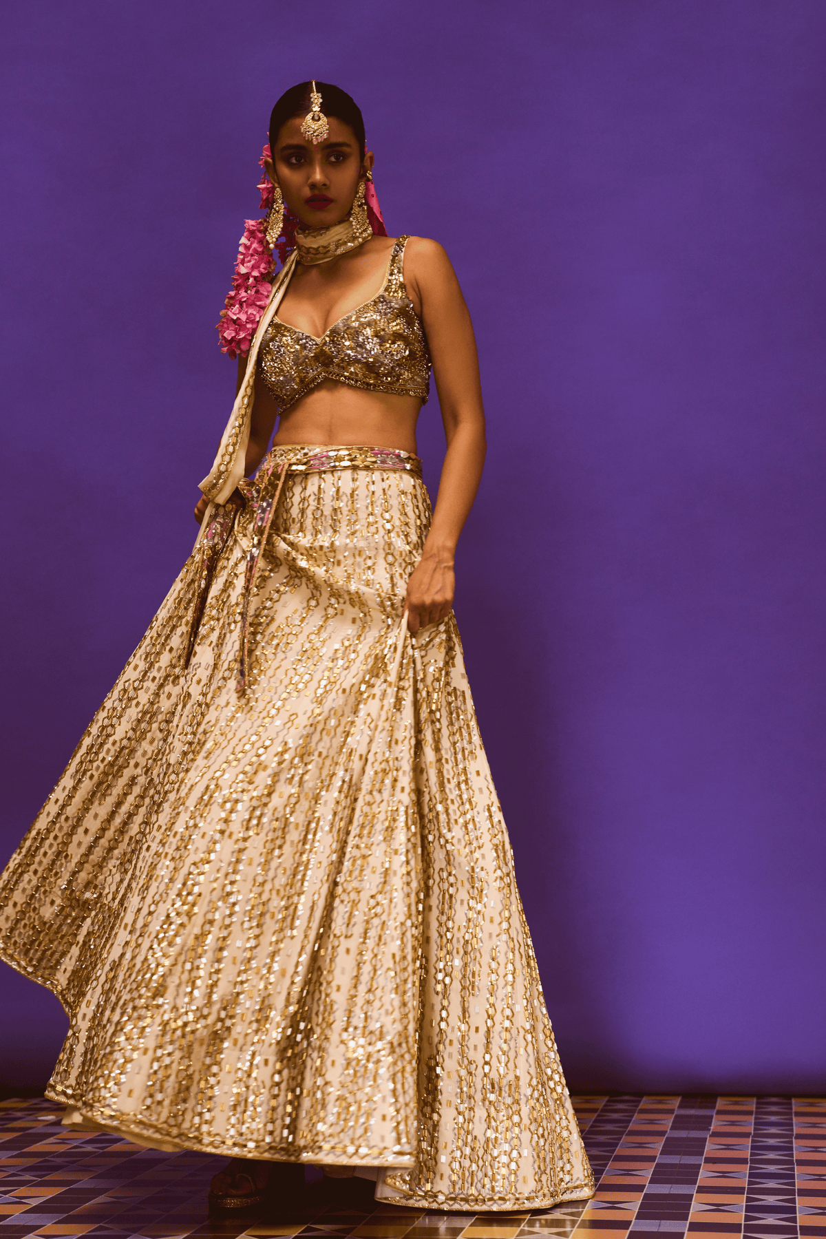 Beige Sequin Lehenga Set