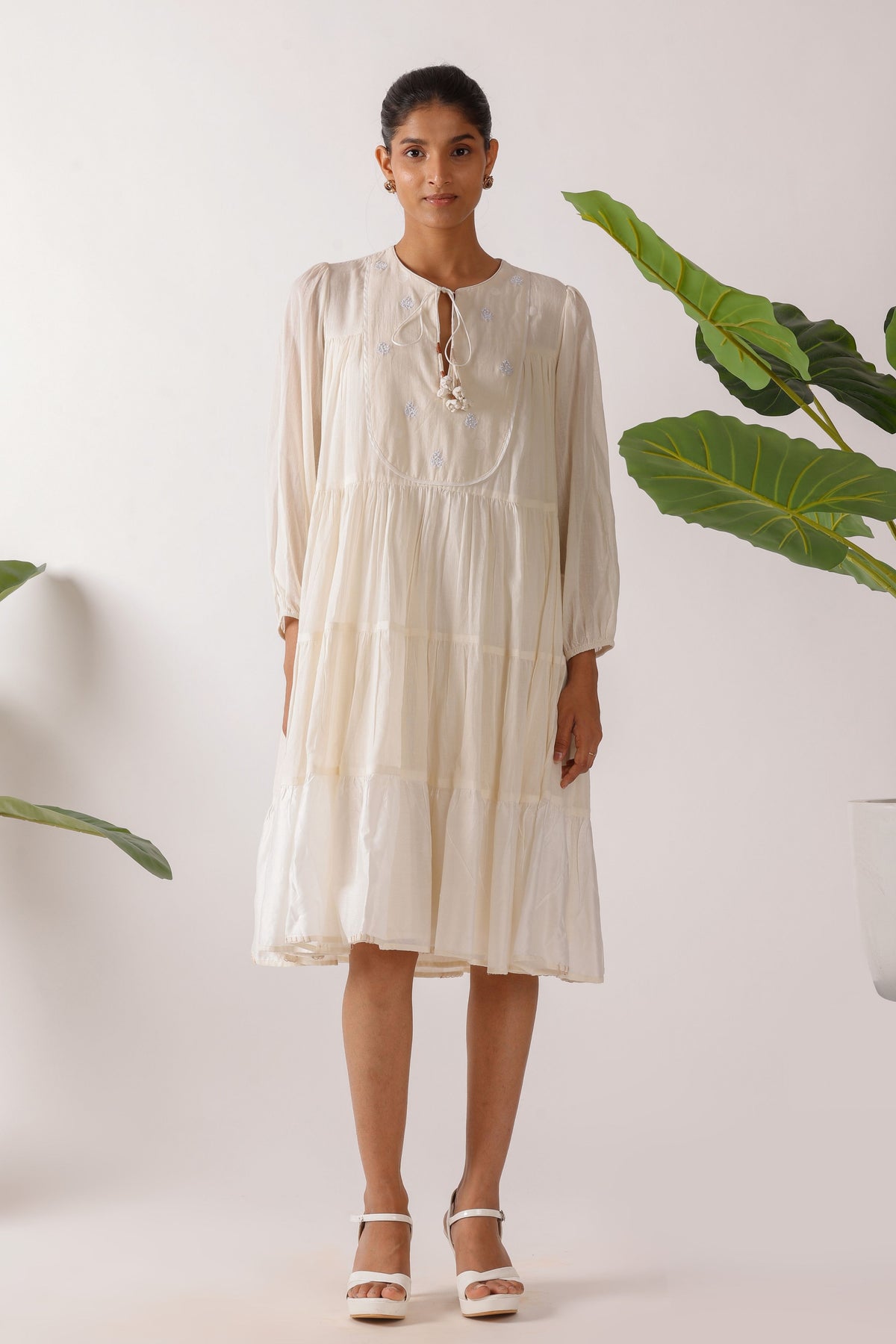Jamdani Embroidered Yoke Tier Dress