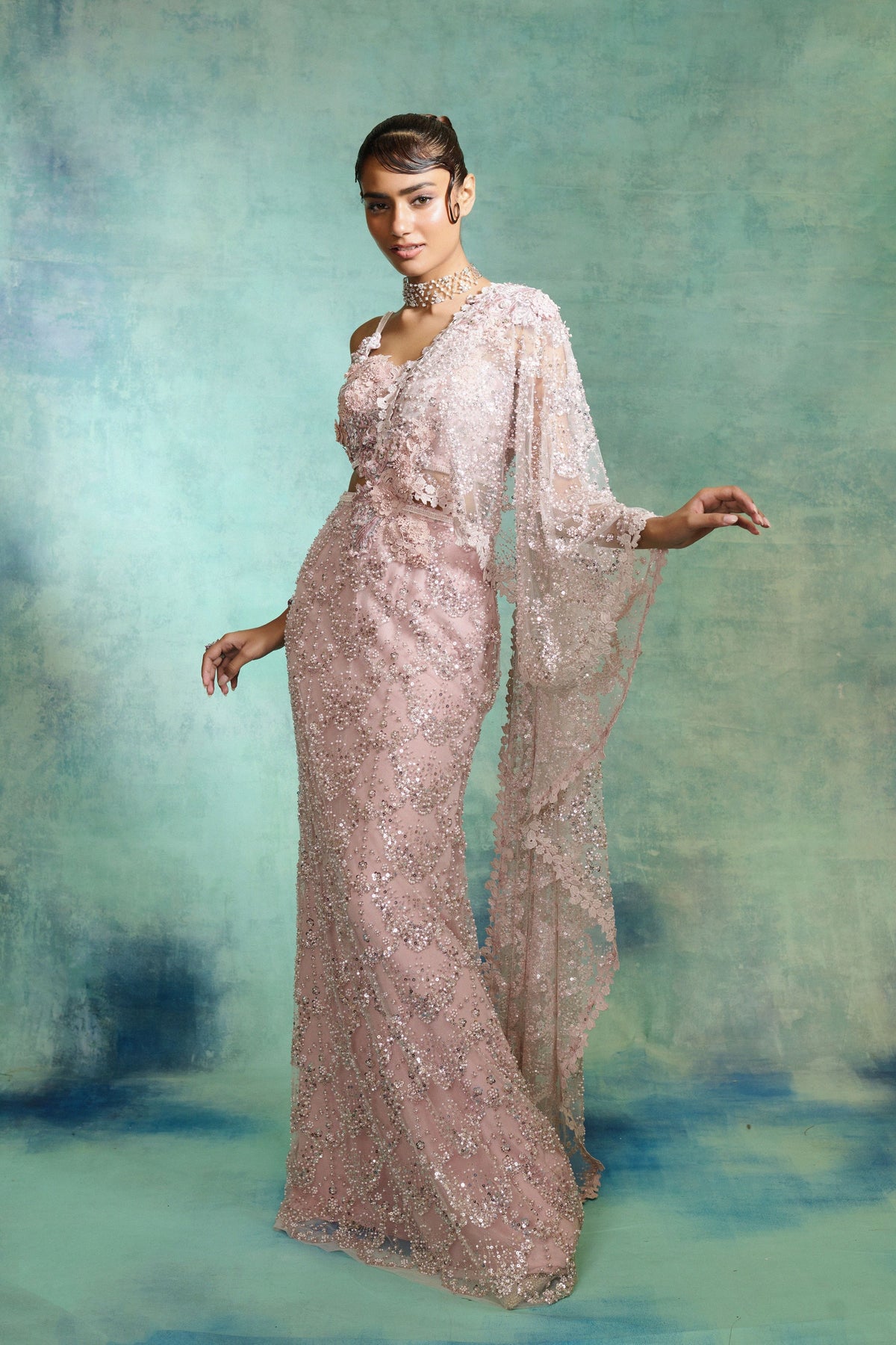 Pearl Pink Drape Saree