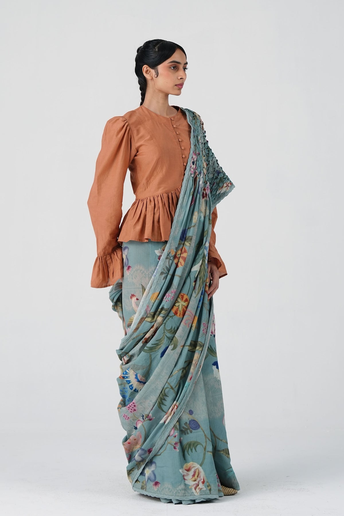 Smocked Blue Floral Saree