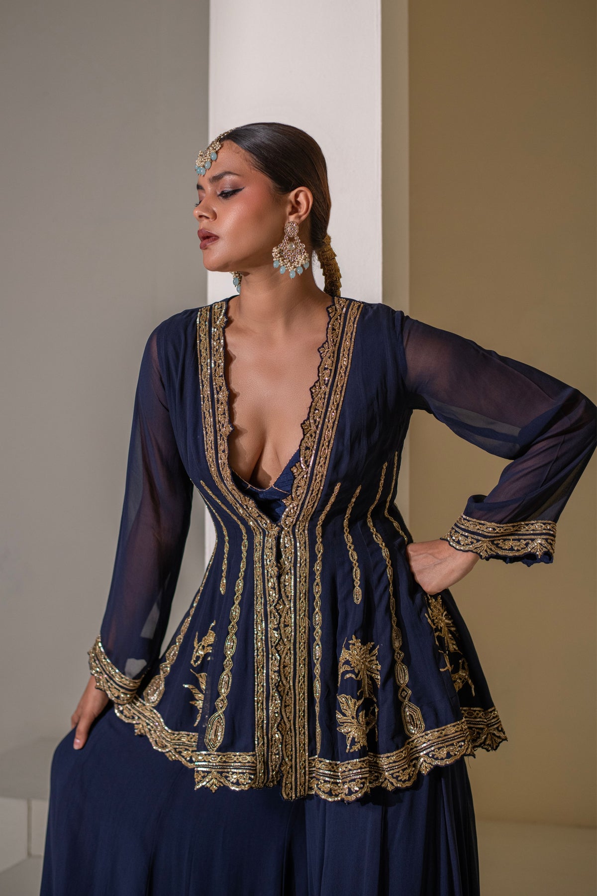 Blue Embellished Kalidar  Jacket Set