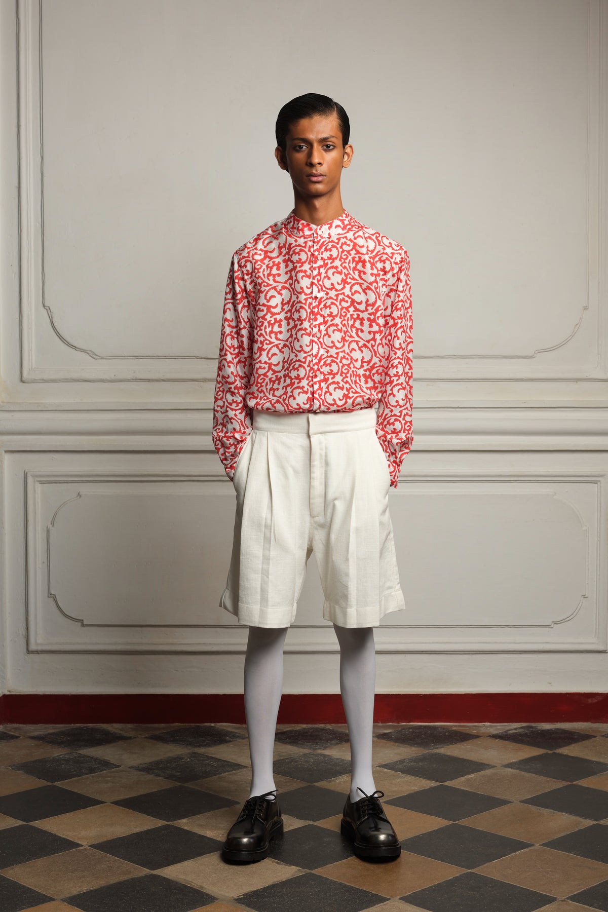 Hand block printed silk shirt with pleated shorts