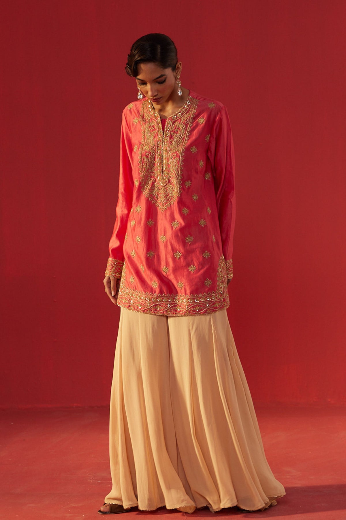 Peach Short Kurta Sharara Set