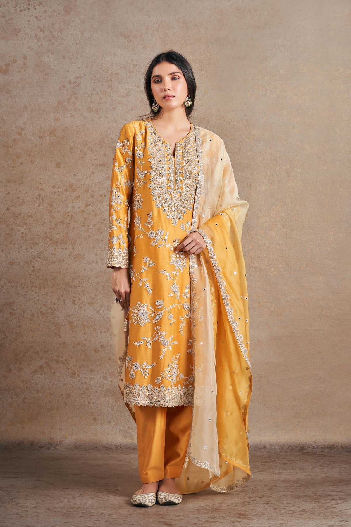 Mustard Pearl Work Kurta Set