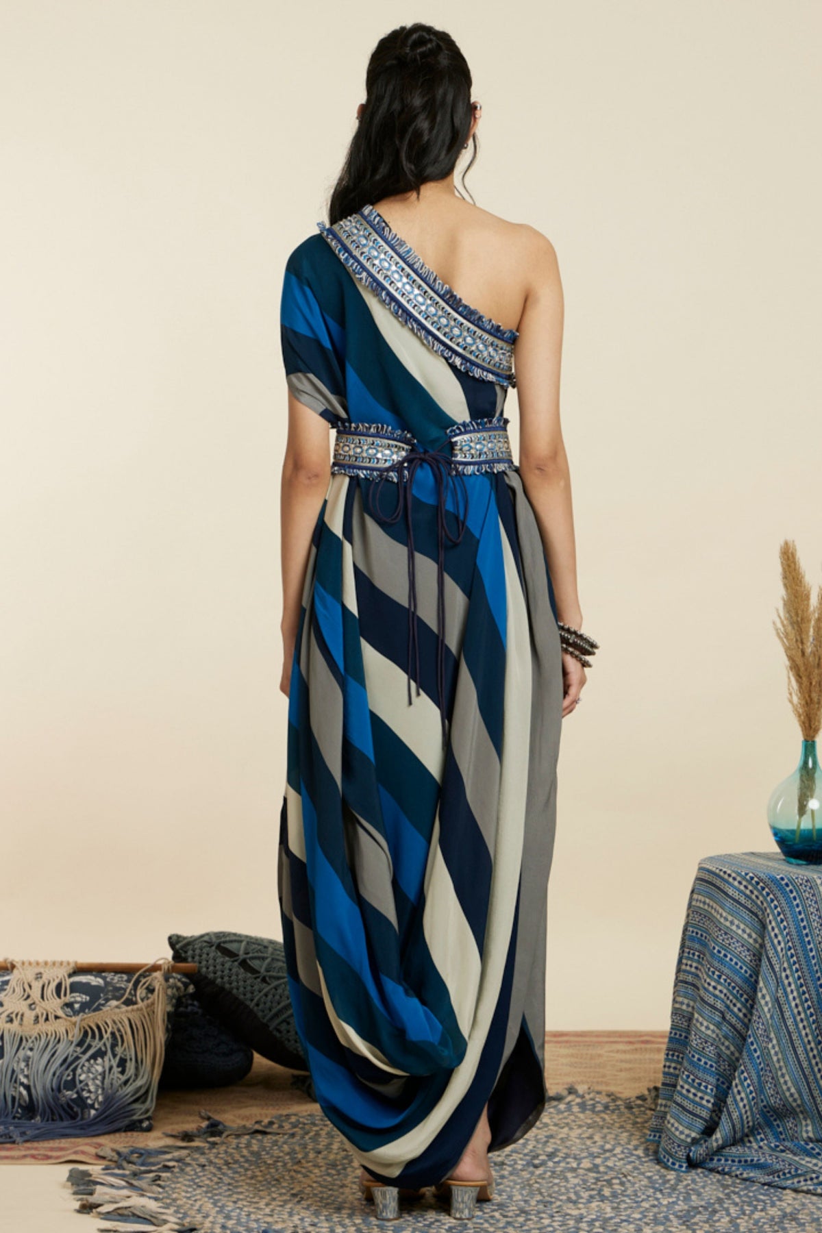Blue Stripe Print Cowl Dress