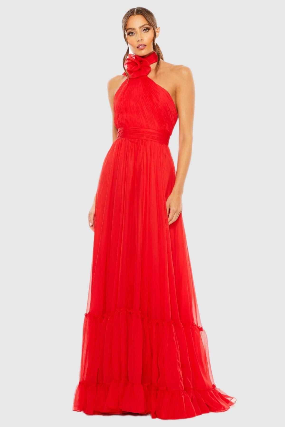 Red Asymmetrical Halter Gown
