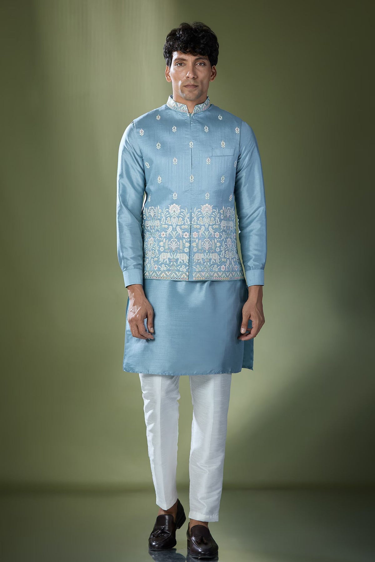 Blue Embroidered Nehru Jacket Set