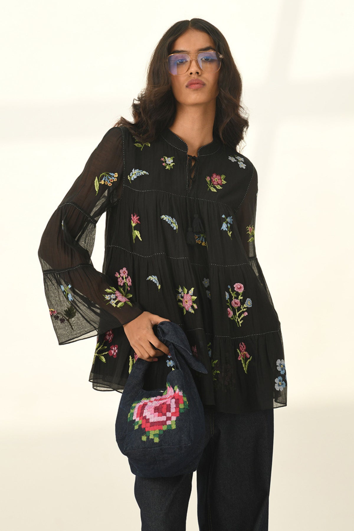 Black Baccara Tiered Embroidered Top