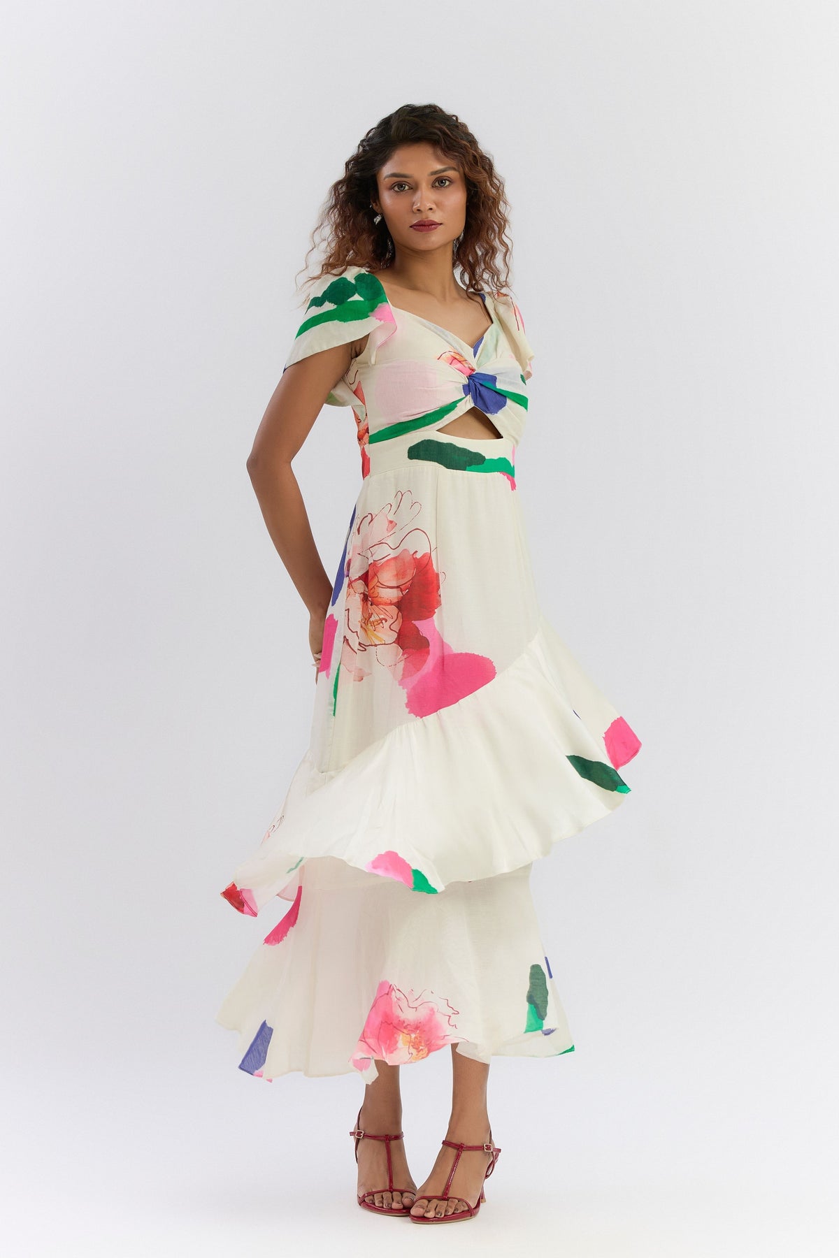 Colour Splash Print Ruffle Dress