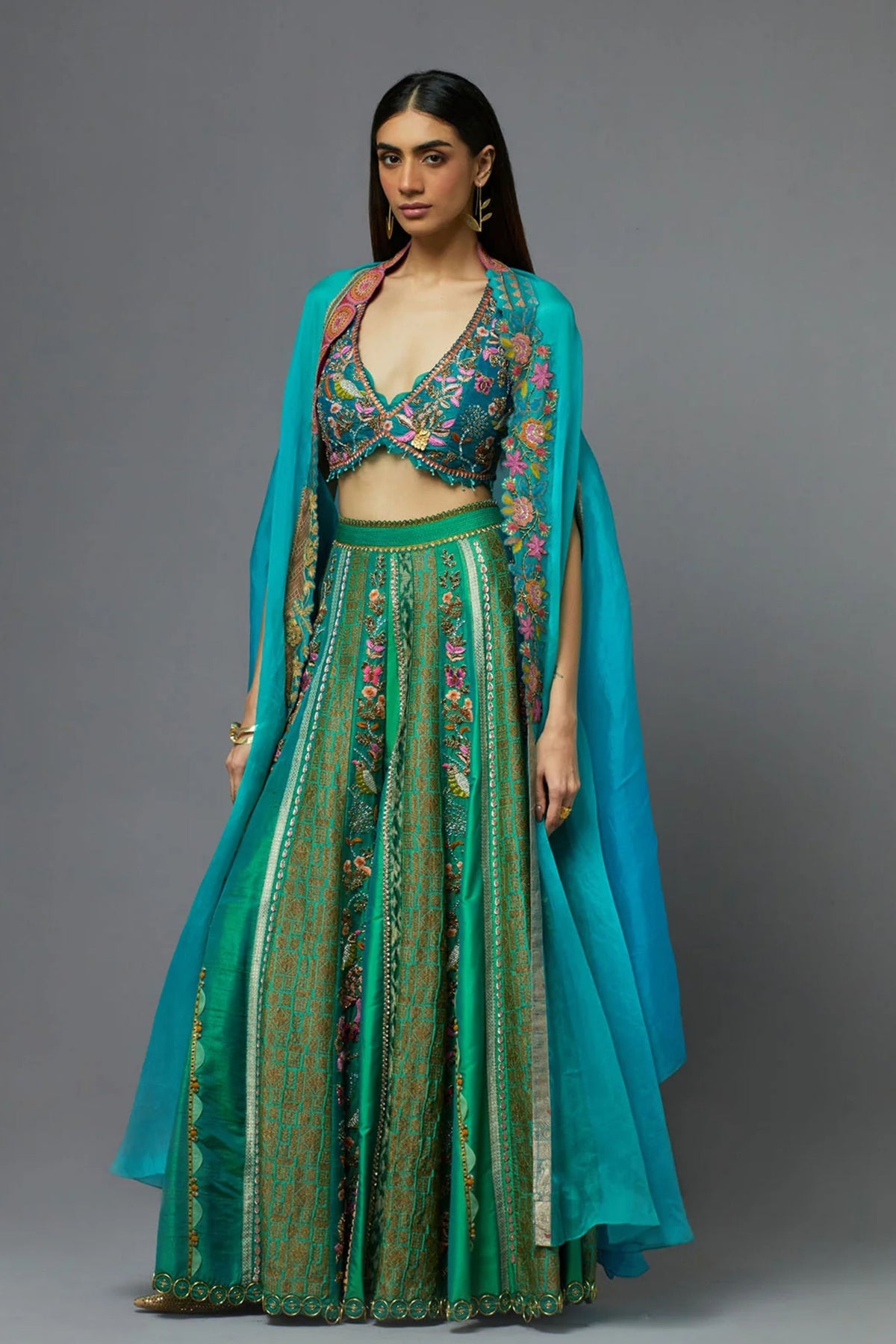 Turquoise and Green Sharara Set