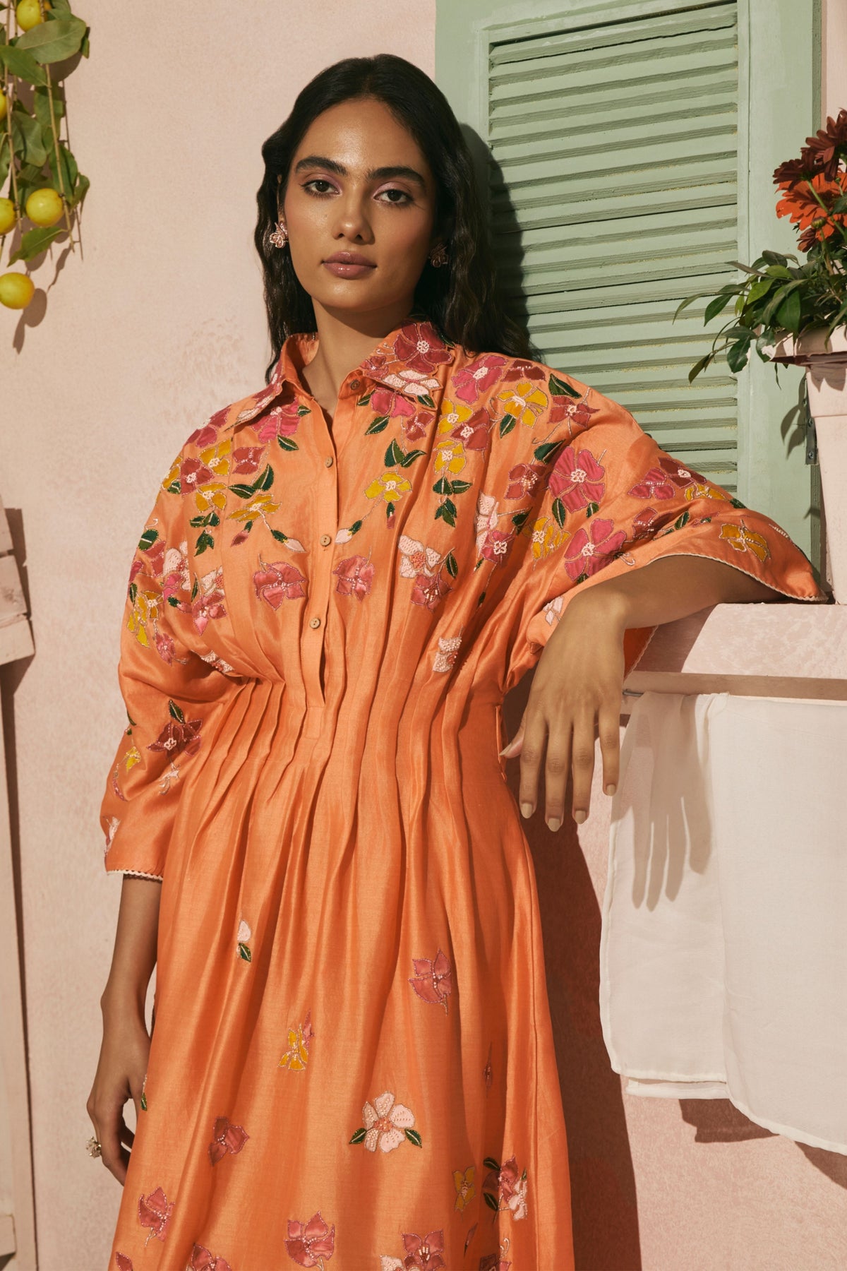 Orange Bougainvillea Pleated Dress