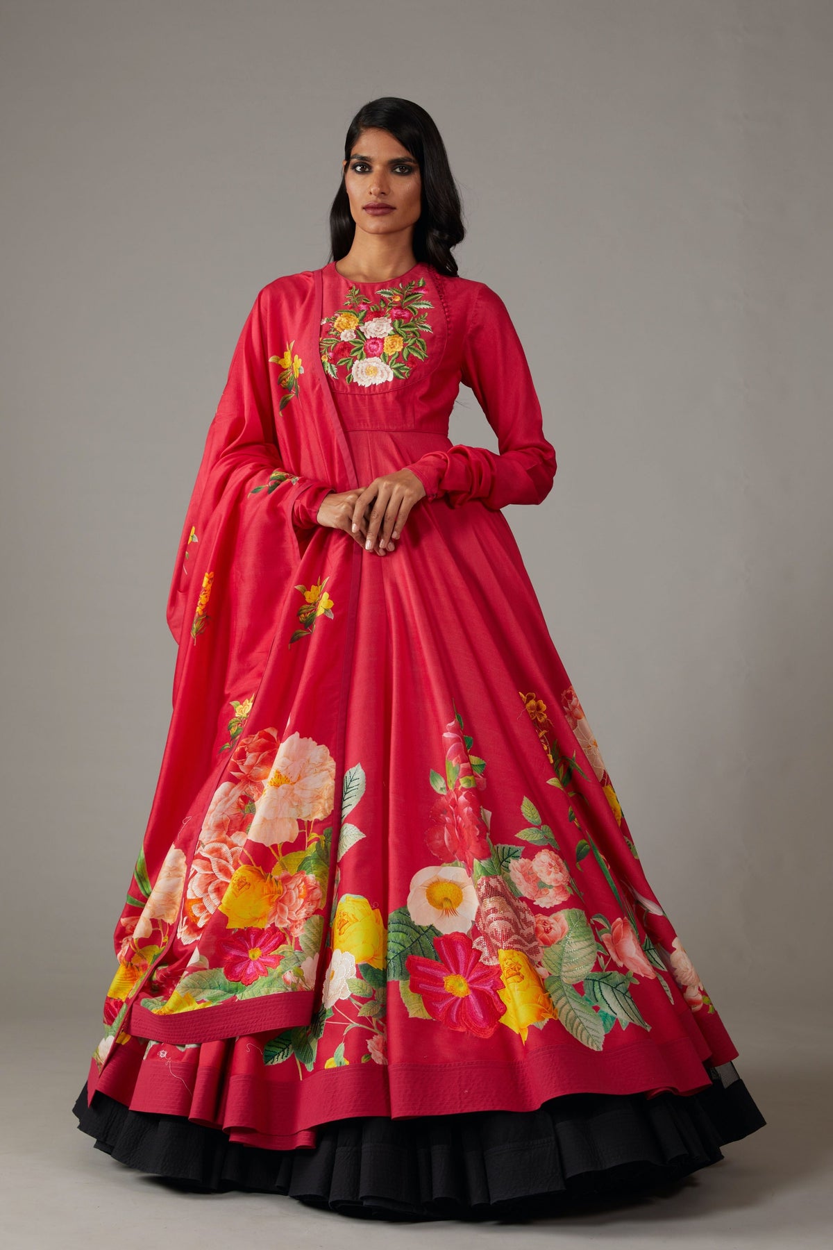 Red Print Chanderi Anarkali Set
